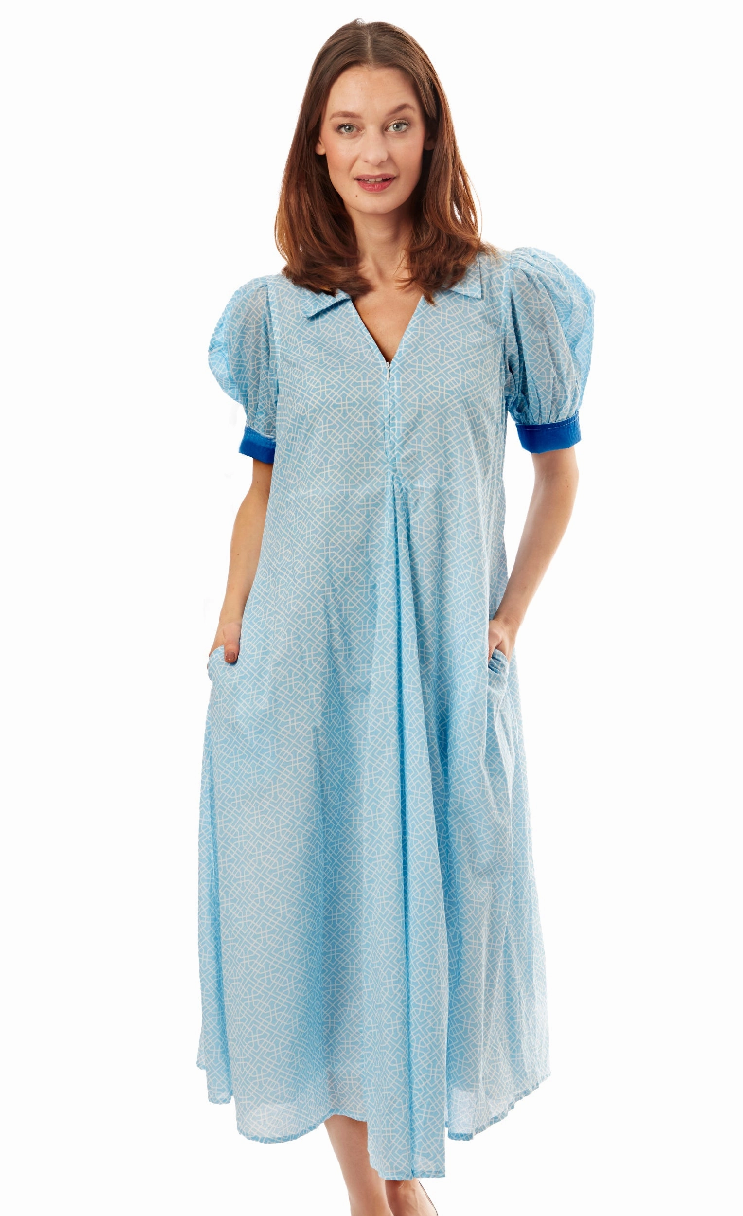 Montauk Dress - Light Blue Geo Print Trendy Fit Pleat Breeze