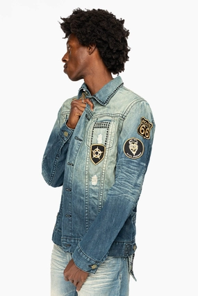 MENS DENIM JACKET IN BLUE ALBANY DARK  EMBELLISHED WITH JET BLK CRYSTALS AND PATCHES Quick Pull Zipper Lightweight Polyester Blend
