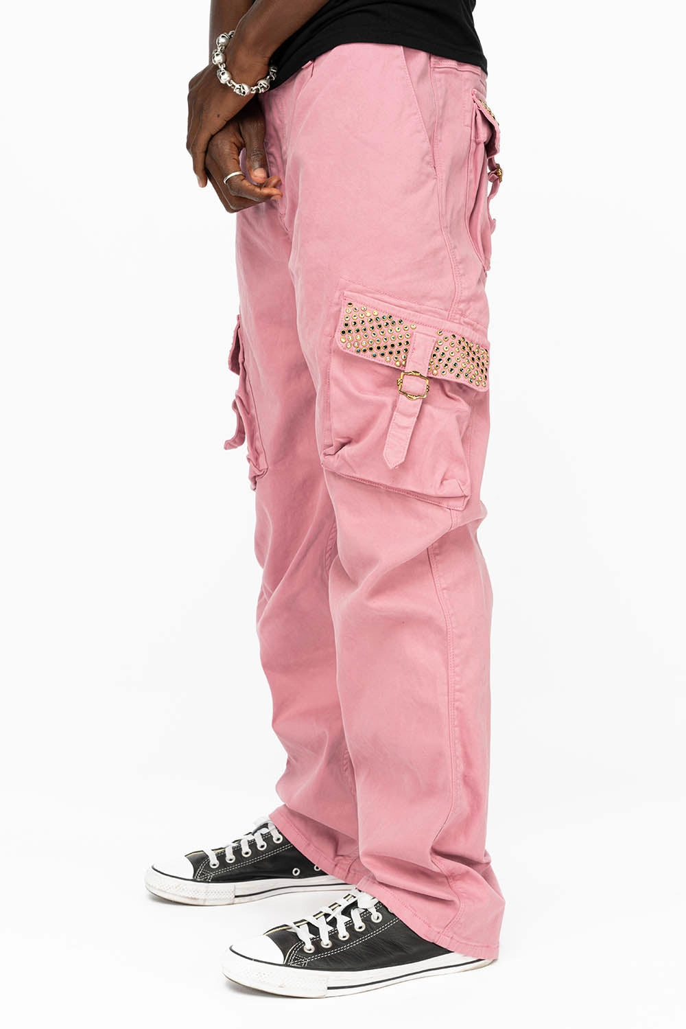 Bold Look Parent Style ROBINS NEW MILITARY STYLE CARGO PANTS IN PINK WITH CRYSTAL AB AND MONTANA CRYSTALS