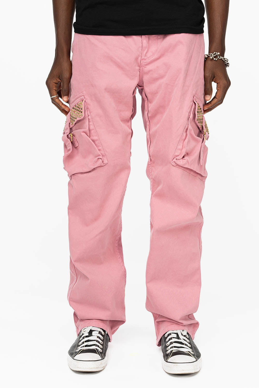 Brunch Outfit Trend Setter Relaxed Style City Walk Trend Setter ROBINS NEW MILITARY STYLE CARGO PANTS IN PINK WITH CRYSTAL AB AND MONTANA CRYSTALS