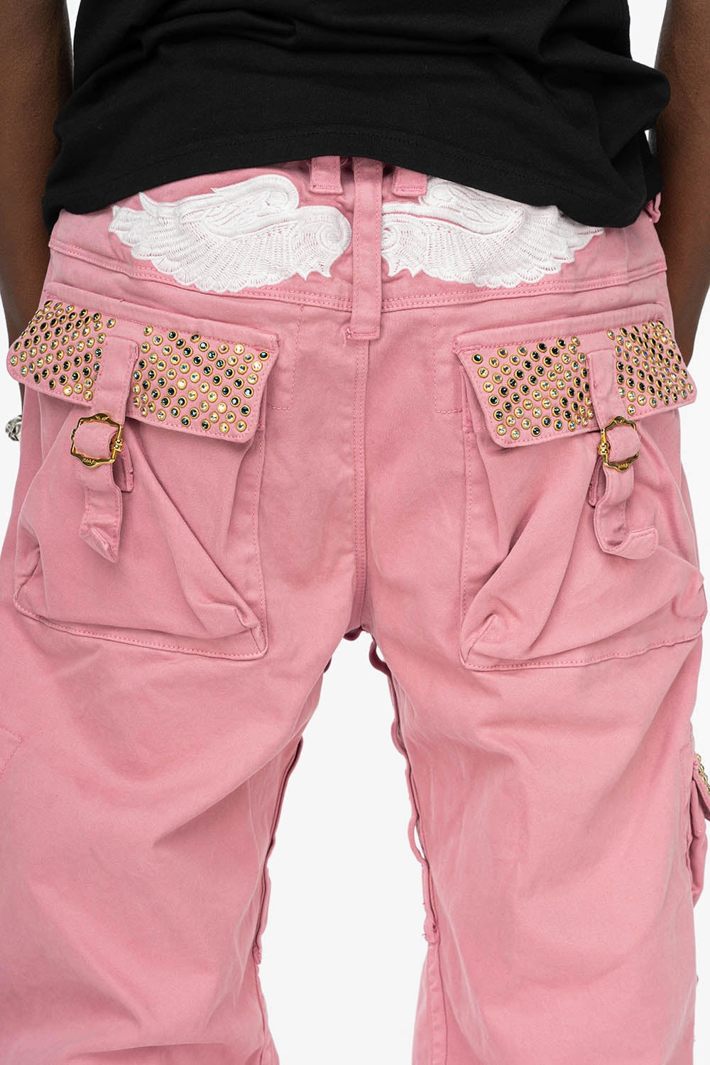 ROBINS NEW MILITARY STYLE CARGO PANTS IN PINK WITH CRYSTAL AB AND MONTANA CRYSTALS Premium Party Look Fray Resistant Hem