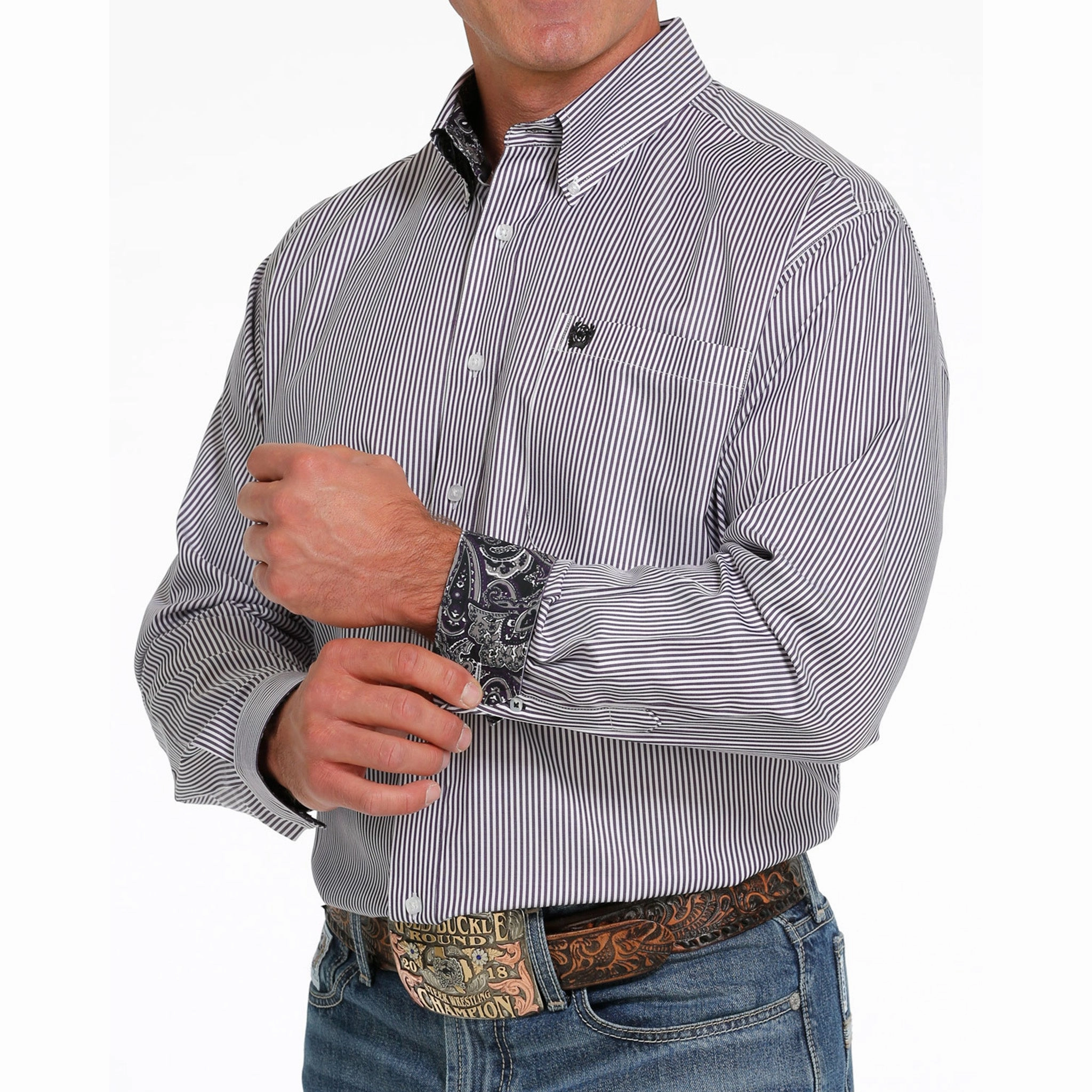 Odor control Reinforced Side Vents Cinch Men's Grey & White Stripe Shirt