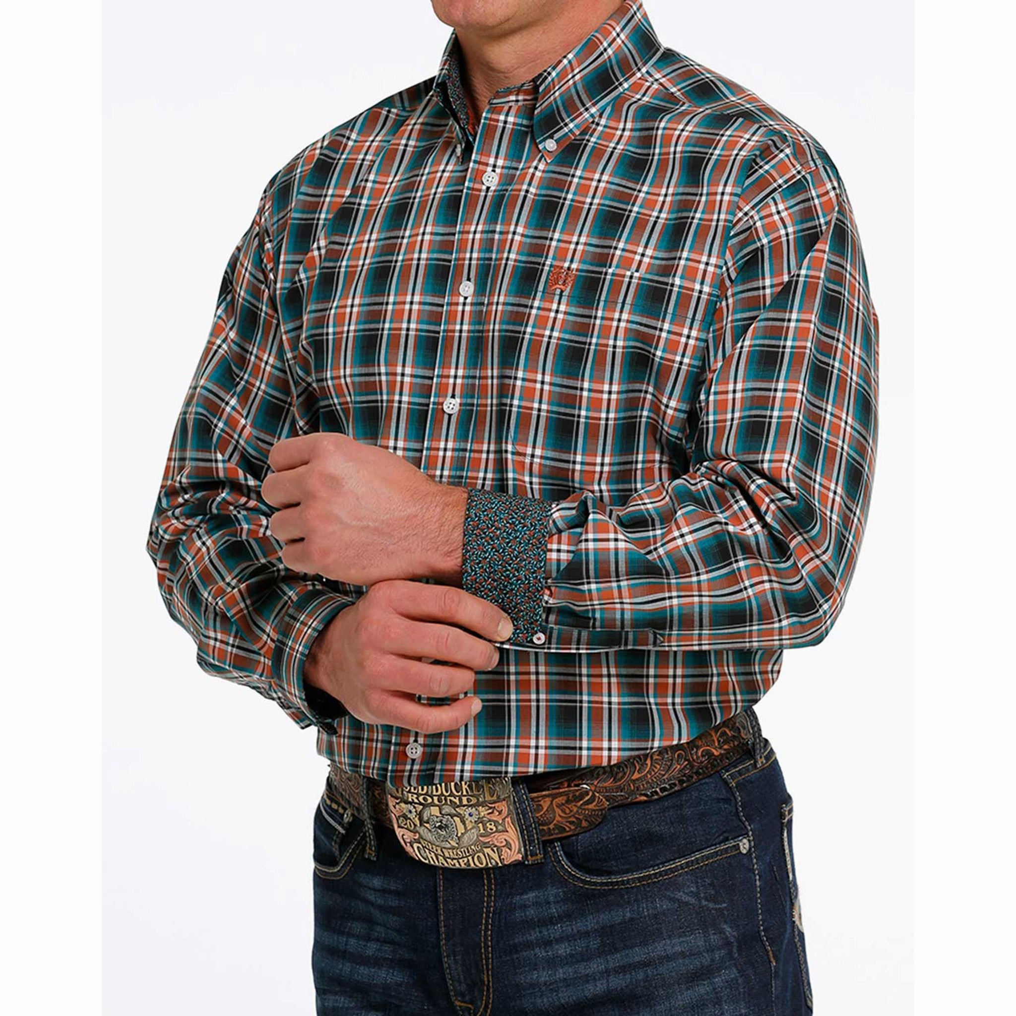 Cinch Men's Turquoise/Red Plaid Shirt Runway Inspired