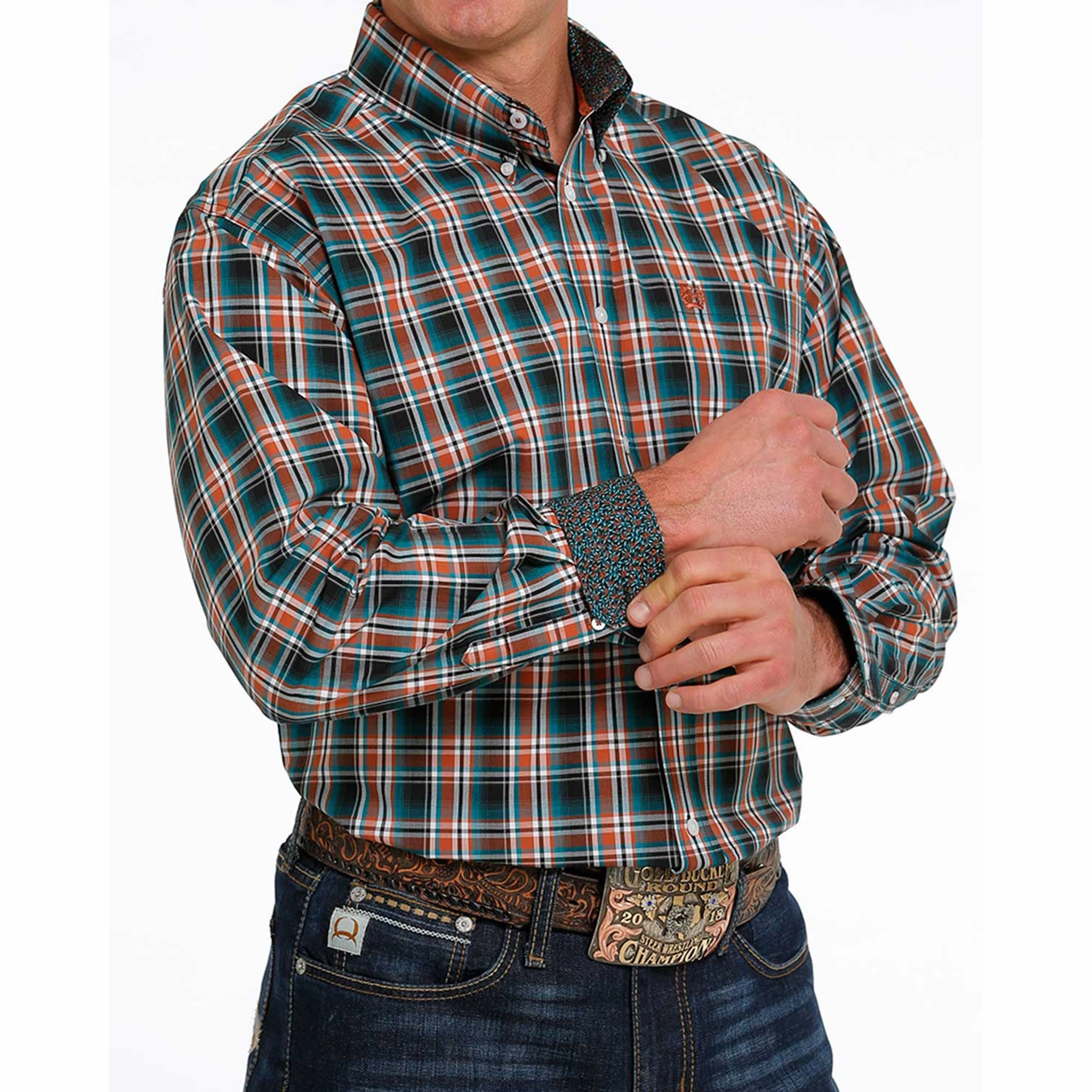 Cinch Men's Turquoise/Red Plaid Shirt Team Building Button-up