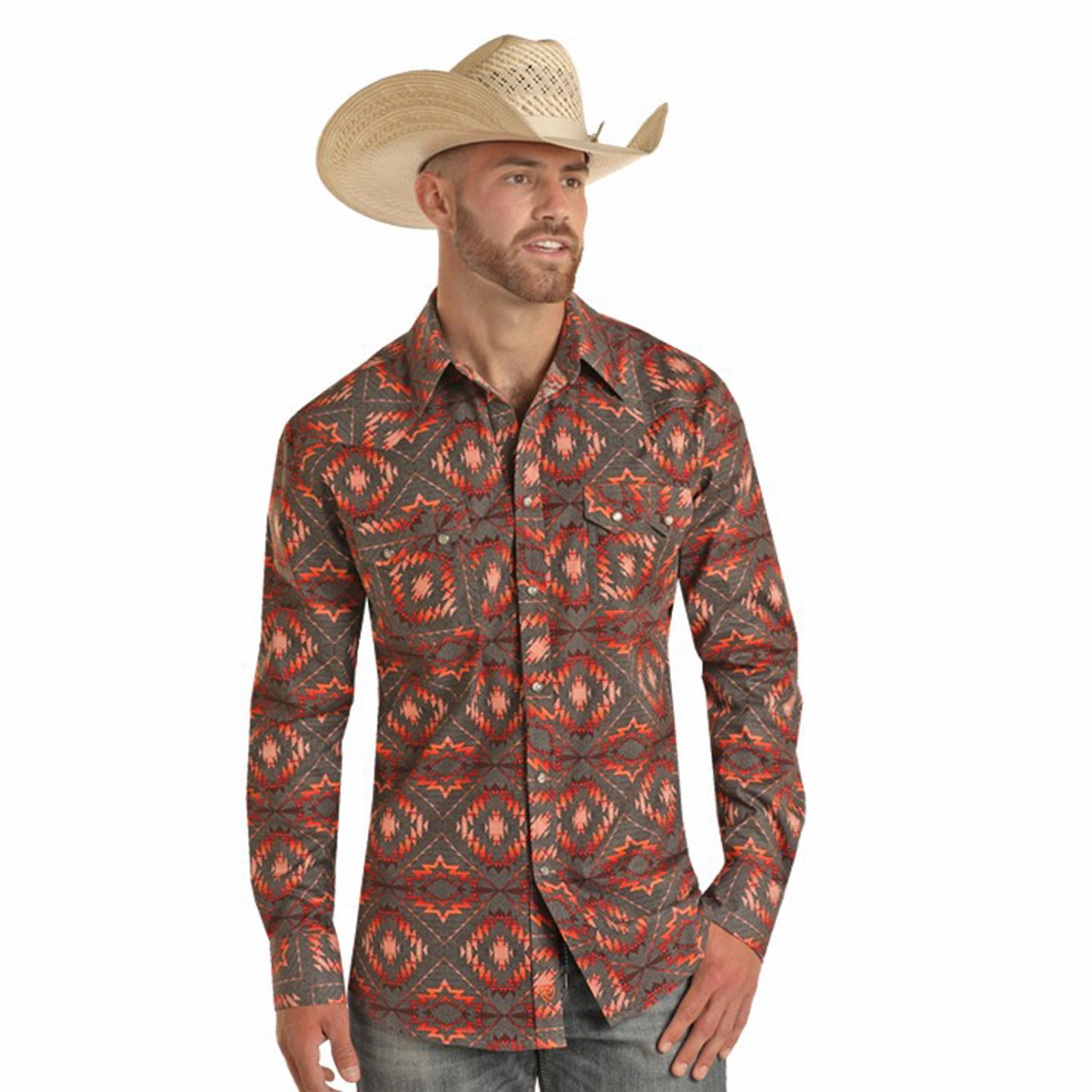 Relaxed Look Floral Motif Rock & Roll Men's Orange Aztec Long Sleeve
