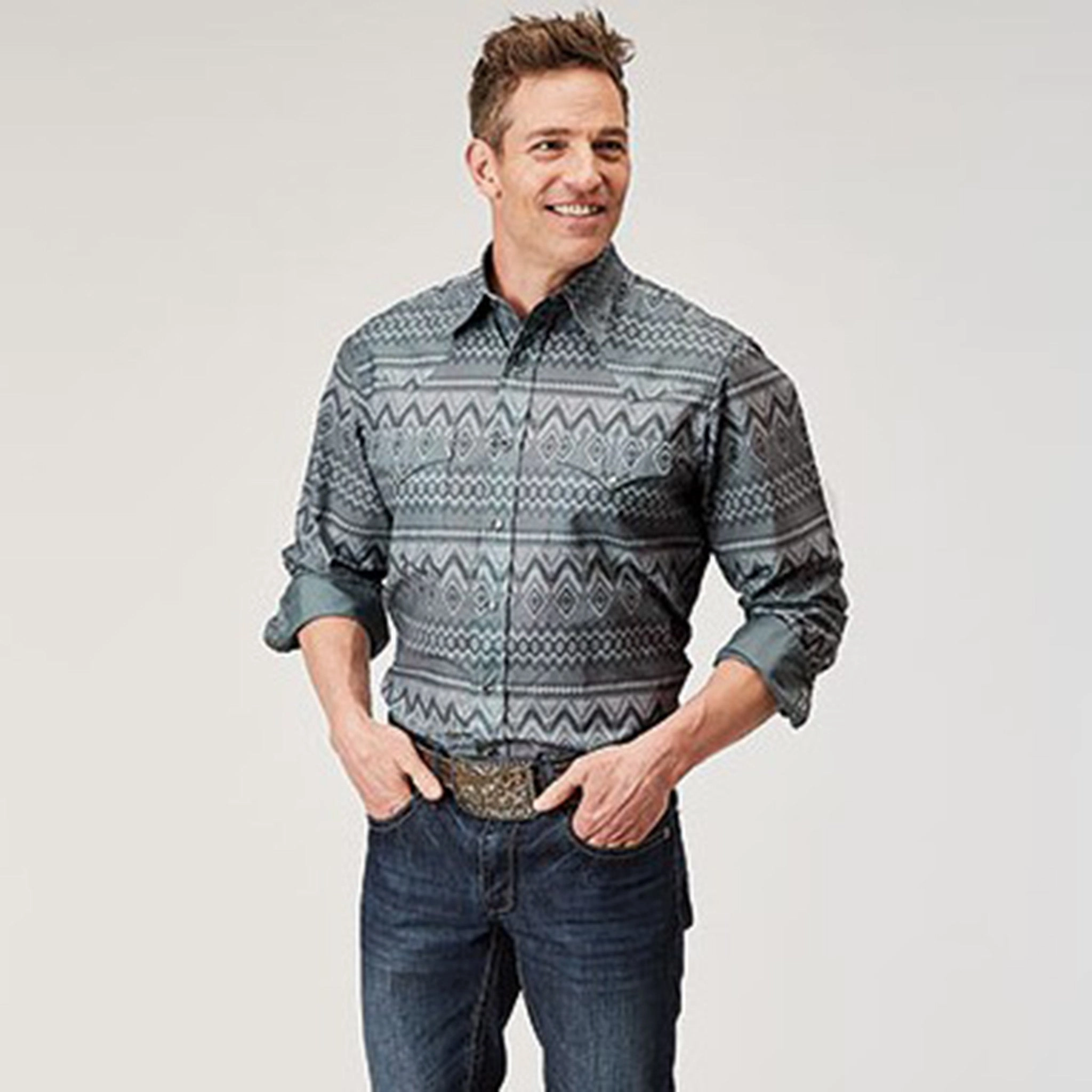 Roper Men's Grey River Aztec Long Sleeve Workwear Ready Checkered Look