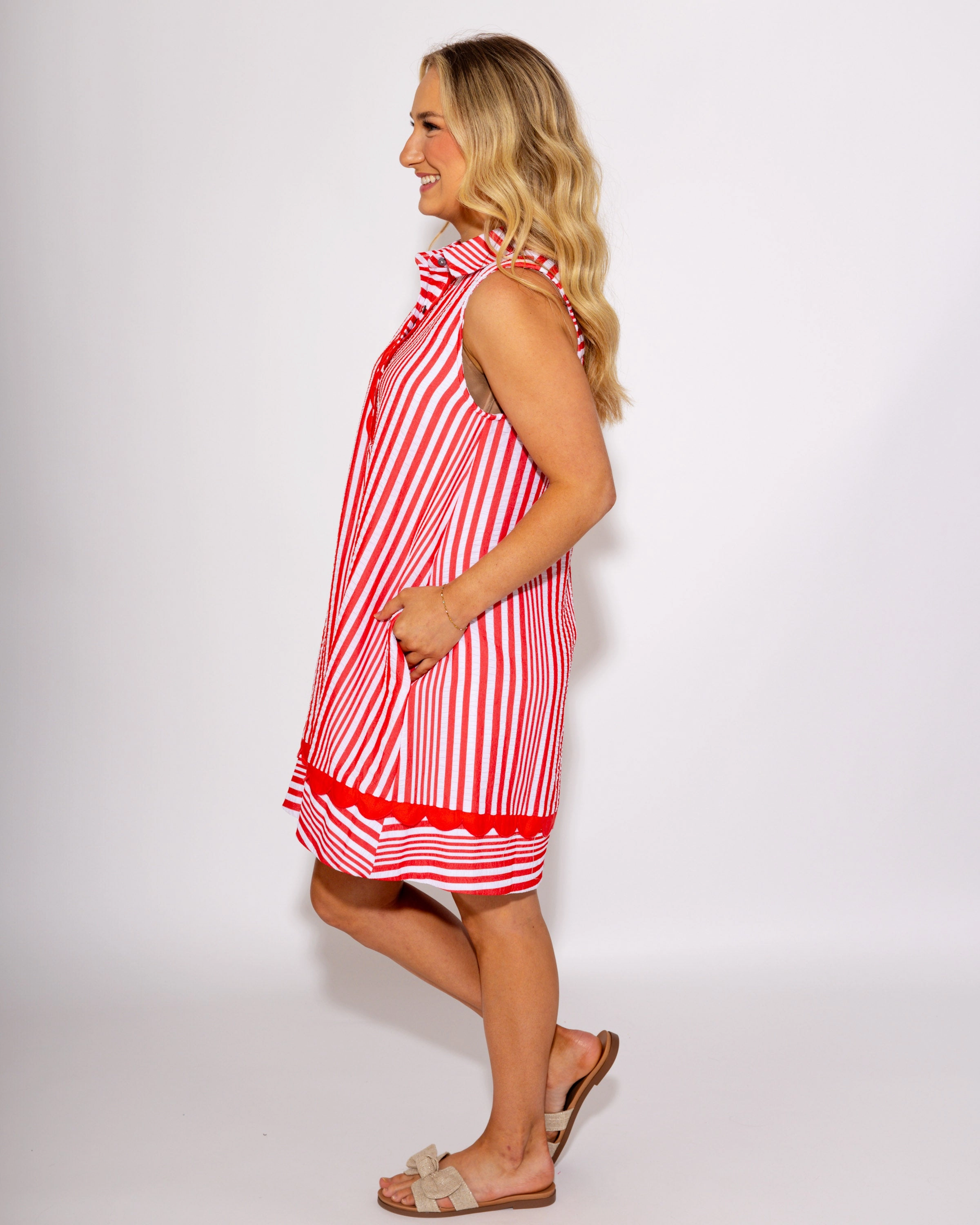 Dreamy Flow Fashion-Forward Fit Gridiron Glam Sleeveless Stripe Dress in Orange Red