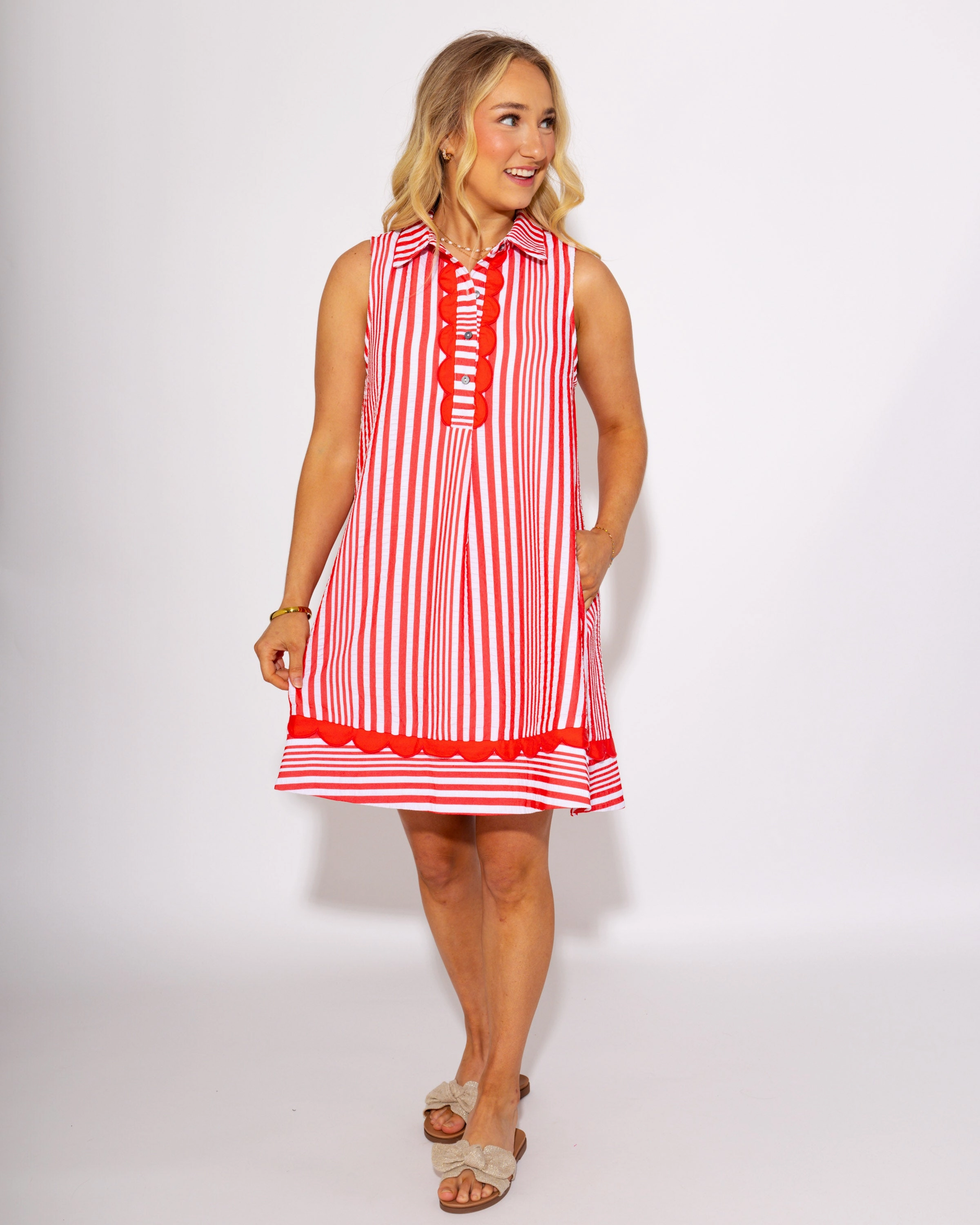 Gridiron Glam Sleeveless Stripe Dress in Orange Red Smart touch OdorControlTreatment