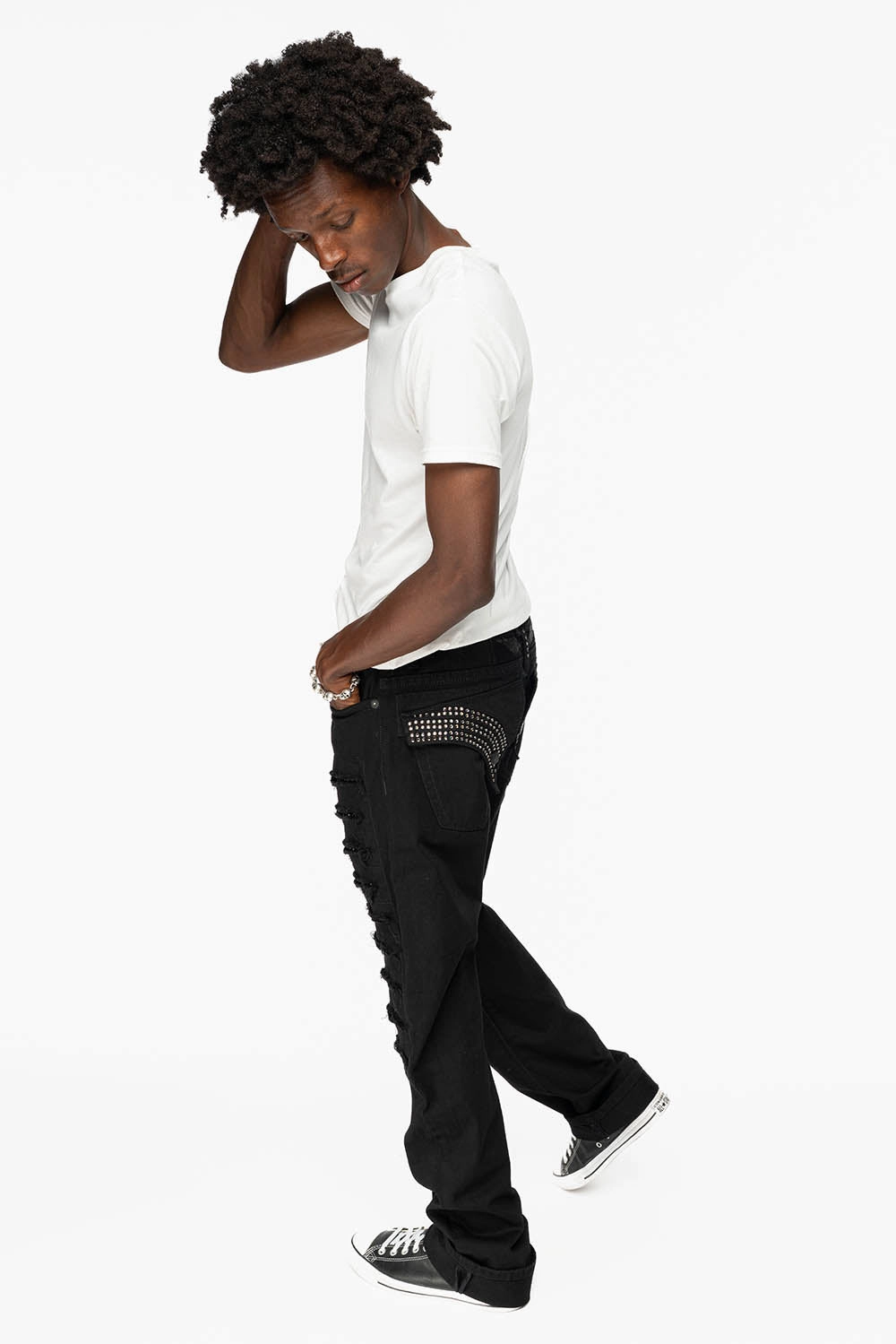 Smart Design Minimalist Night Out Smooth GYPSY REPAIRED STRAIGHT LEG JEANS LIMITED EDITION IN BLK EMBELLISHED WITH CRYSTALS