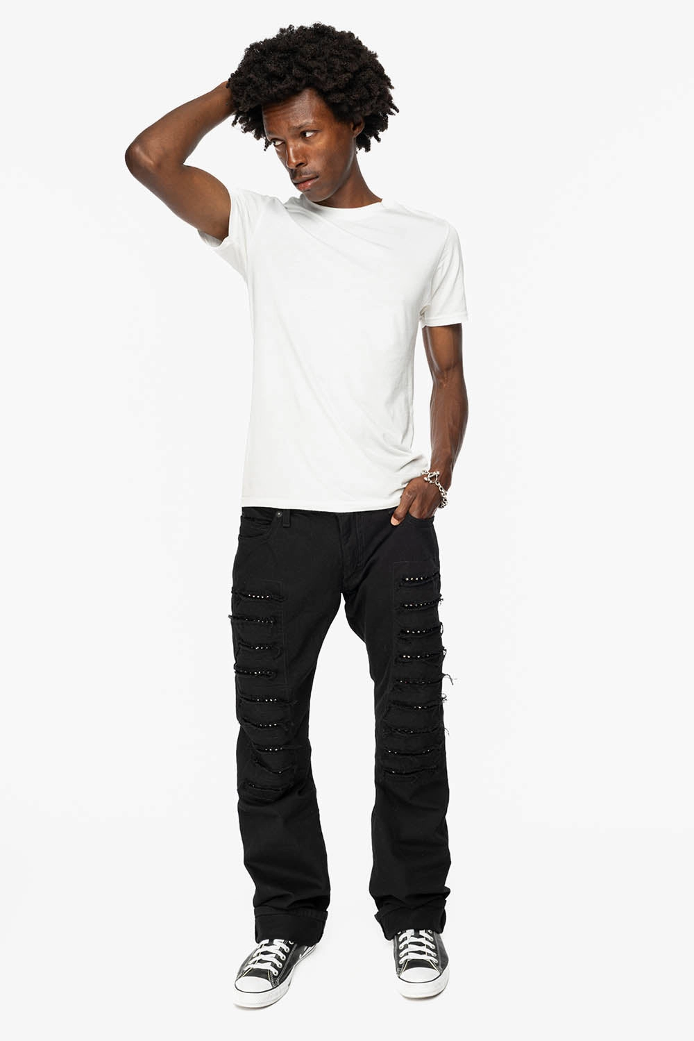 GYPSY REPAIRED STRAIGHT LEG JEANS LIMITED EDITION IN BLK EMBELLISHED WITH CRYSTALS Natural Look