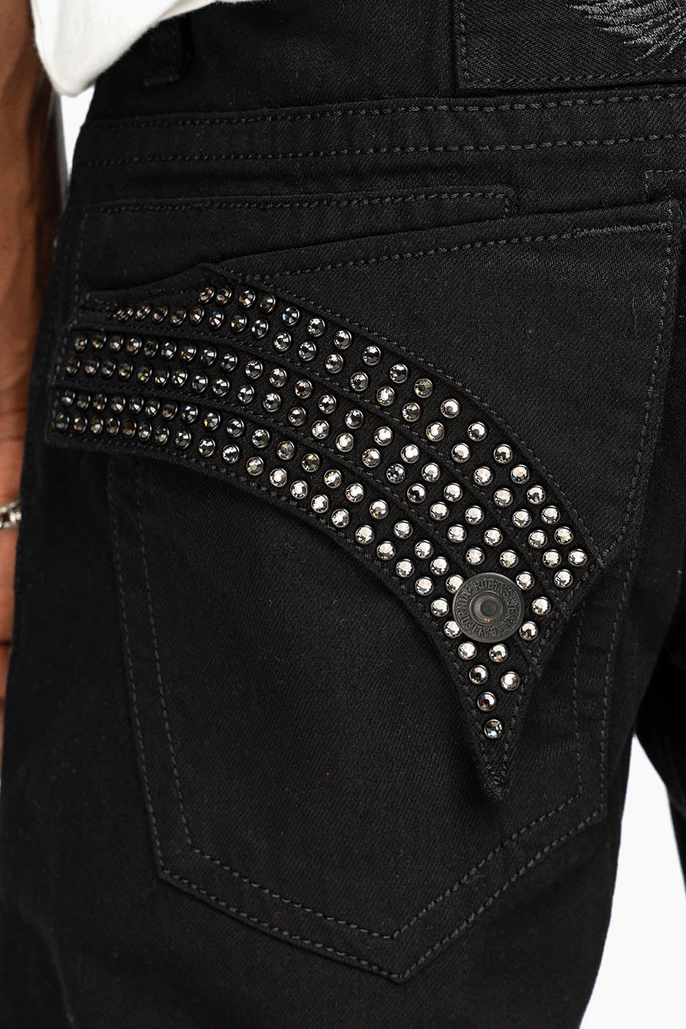 GYPSY REPAIRED STRAIGHT LEG JEANS LIMITED EDITION IN BLK EMBELLISHED WITH CRYSTALS Comfy Tailoring Simple Attire
