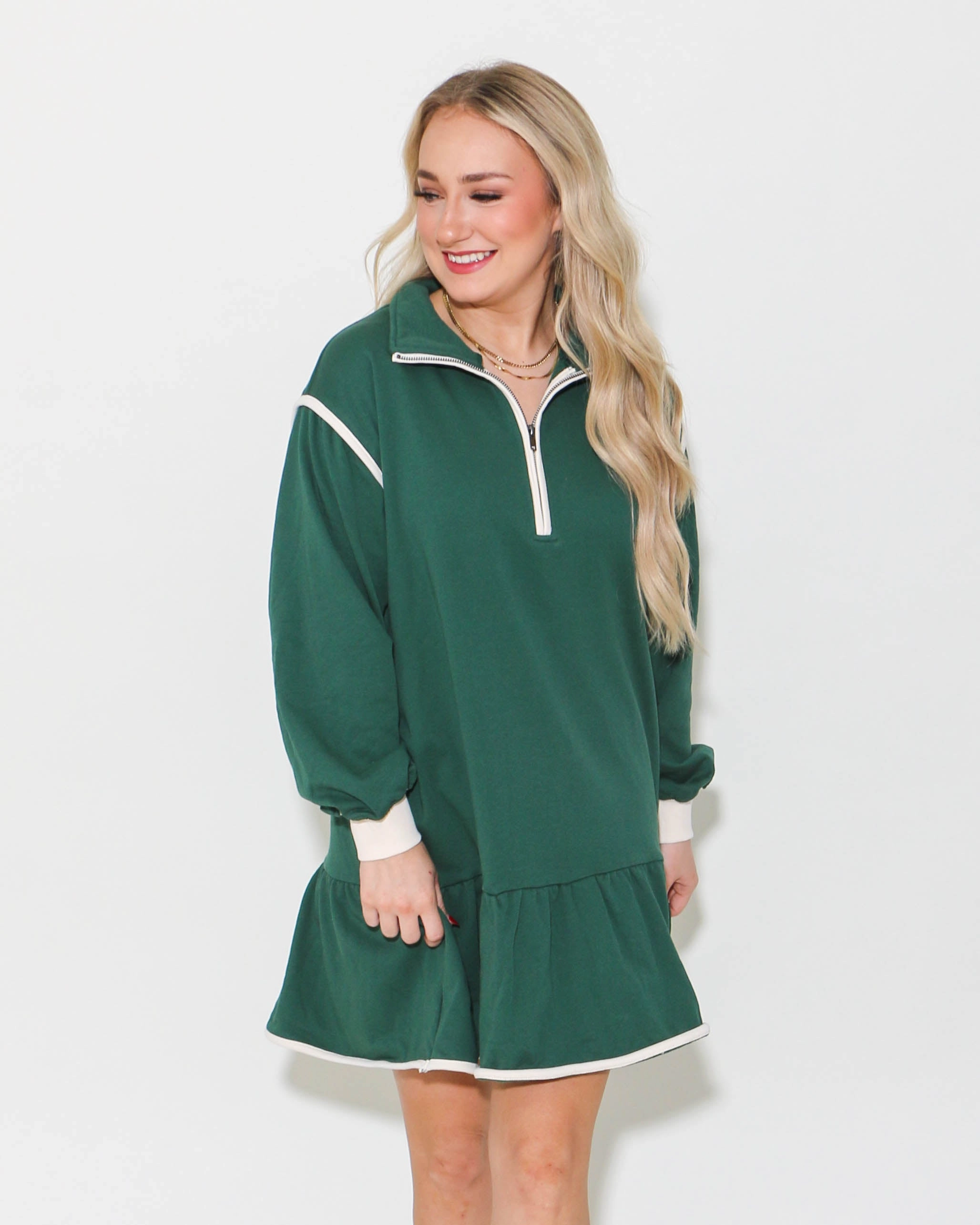 Half Zip Collared Mini Dress in Hunter Green Modern Finish Casual Elegance