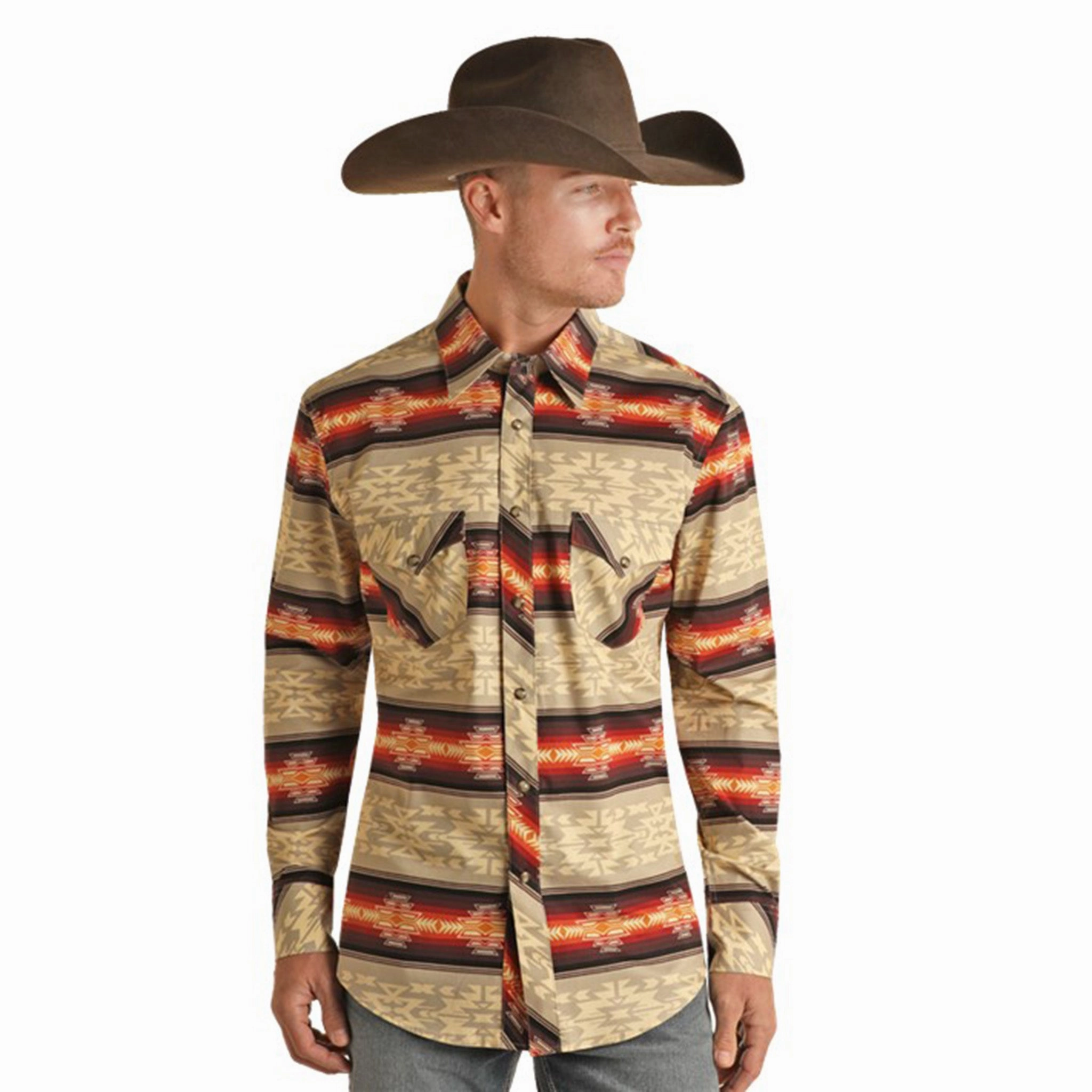 Nautical Look Rock & Roll Men's Cream & Ornge & Brown Aztec Shirt