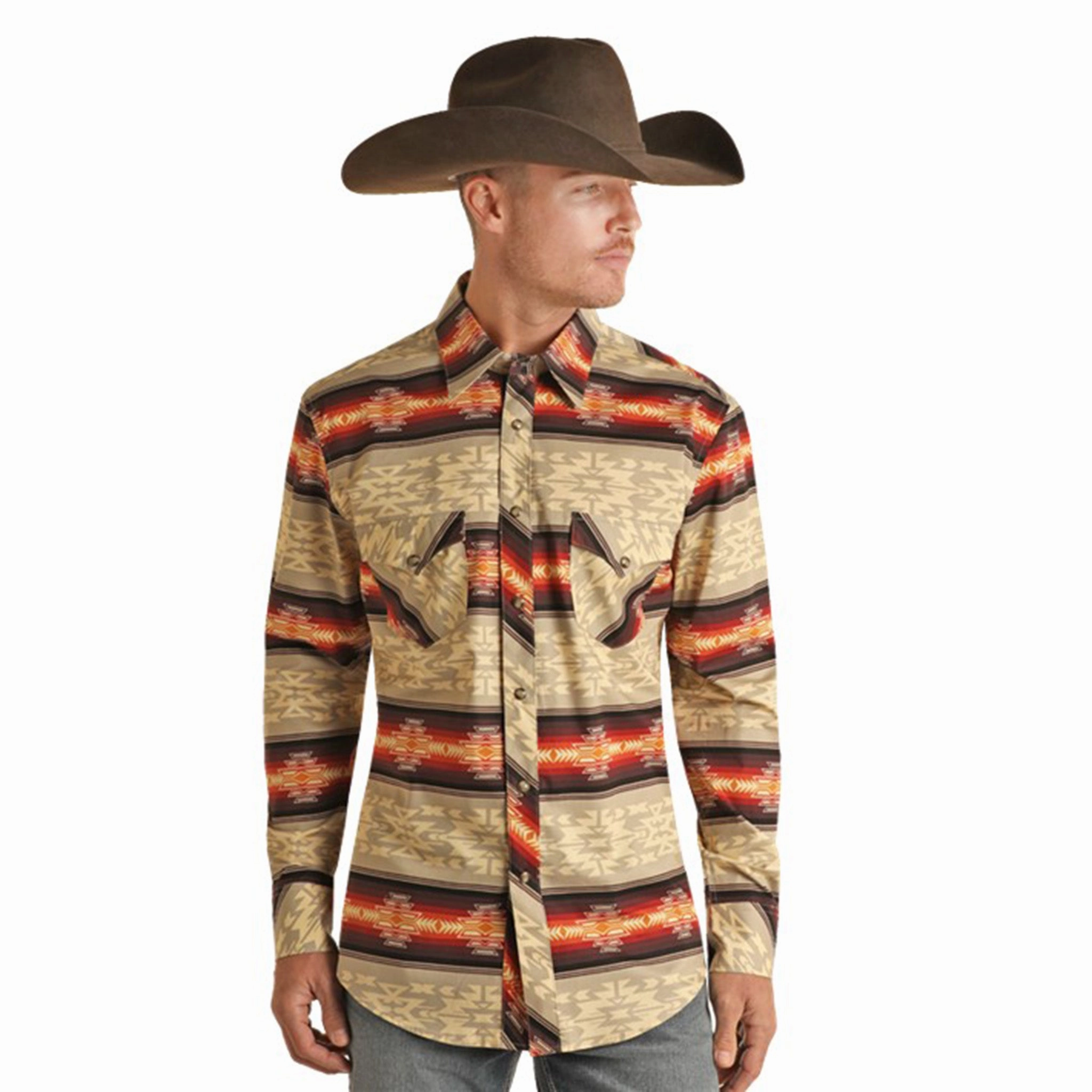 Unisex Choice Smart Look Rock & Roll Men's Cream & Ornge & Brown Aztec Shirt