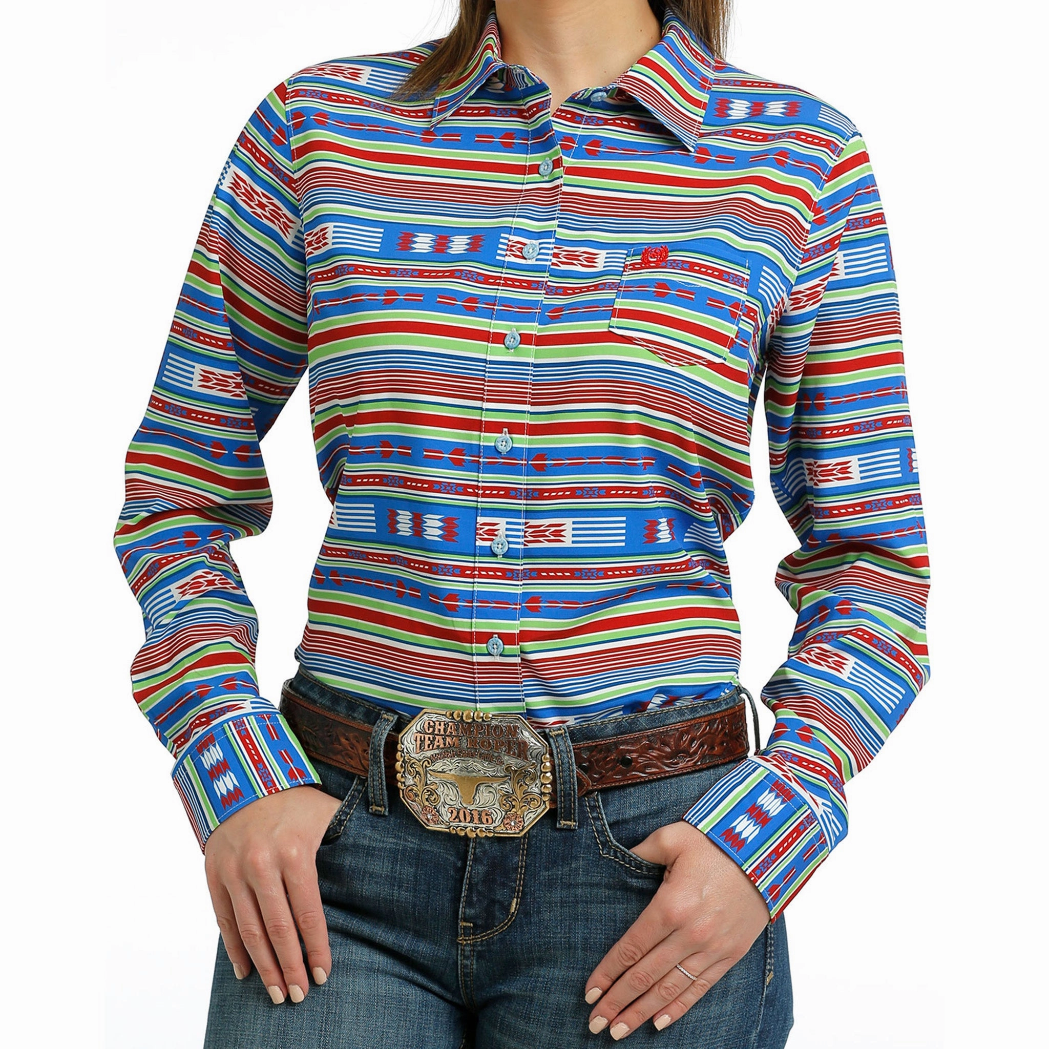 Cinch Women's ArenaFlex Multi Color Aztec Long Sleeve Reinforced Stitching ZonalVentilation