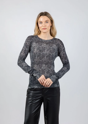 Herringbone Print Raw Edge Crew Sweater - Neutral Combo Breathable touch Comfortable Stretch