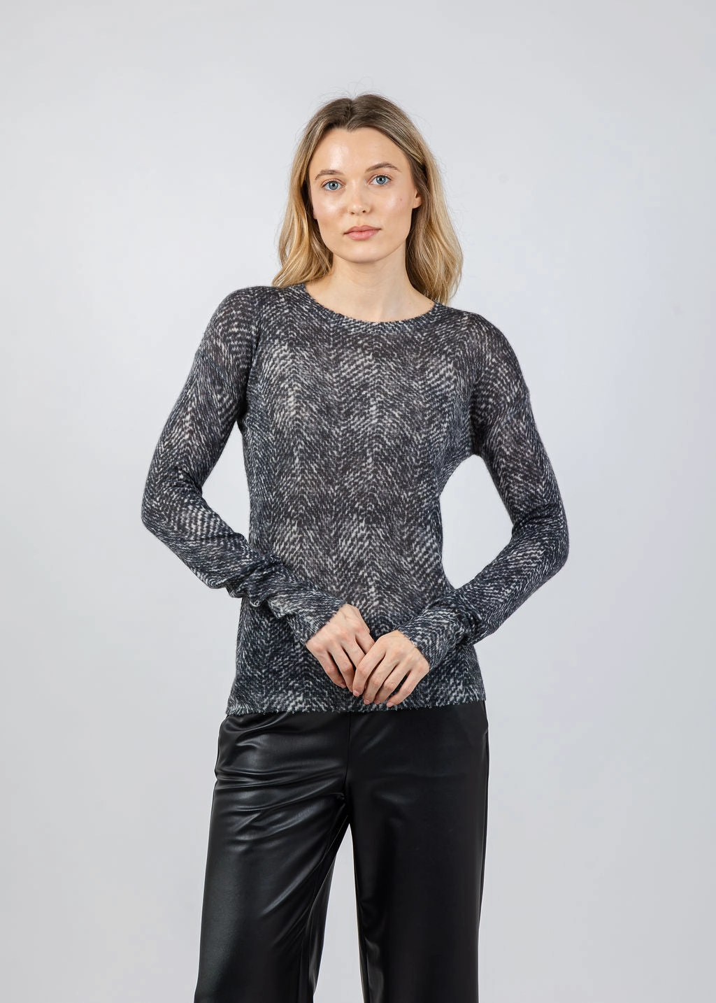 Herringbone Print Raw Edge Crew Sweater - Neutral Combo Breathable touch Comfortable Stretch