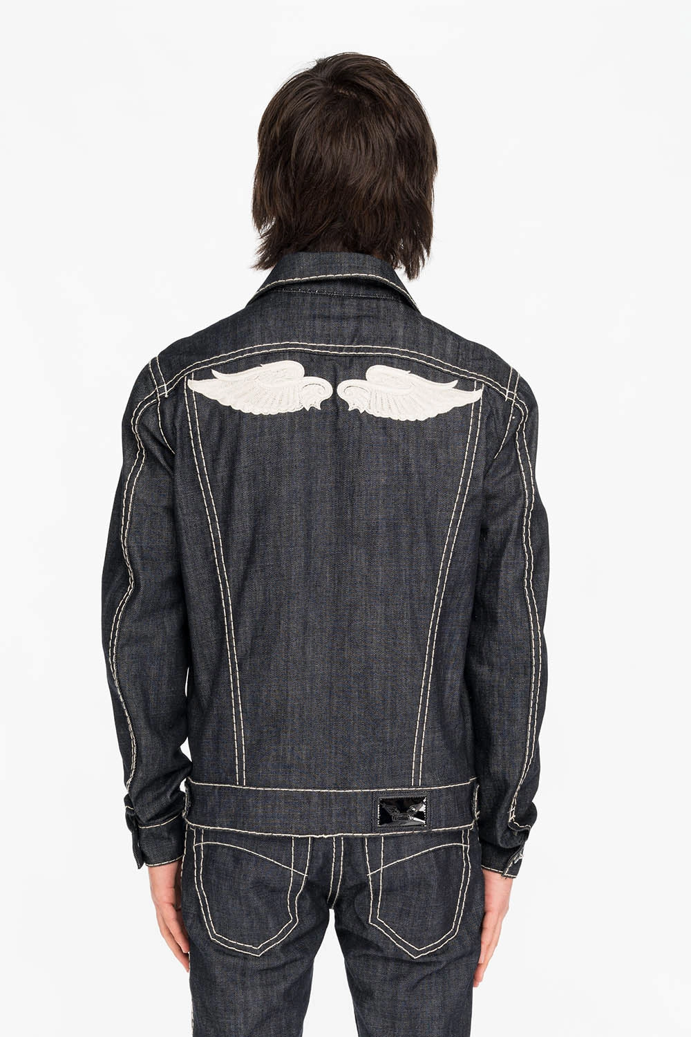 Double Layered Collar MENS DENIM JACKET IN RAW DENIM WITH HEAVY NATURAL WHITE STITCHING AND EMBROIDERED WINGS