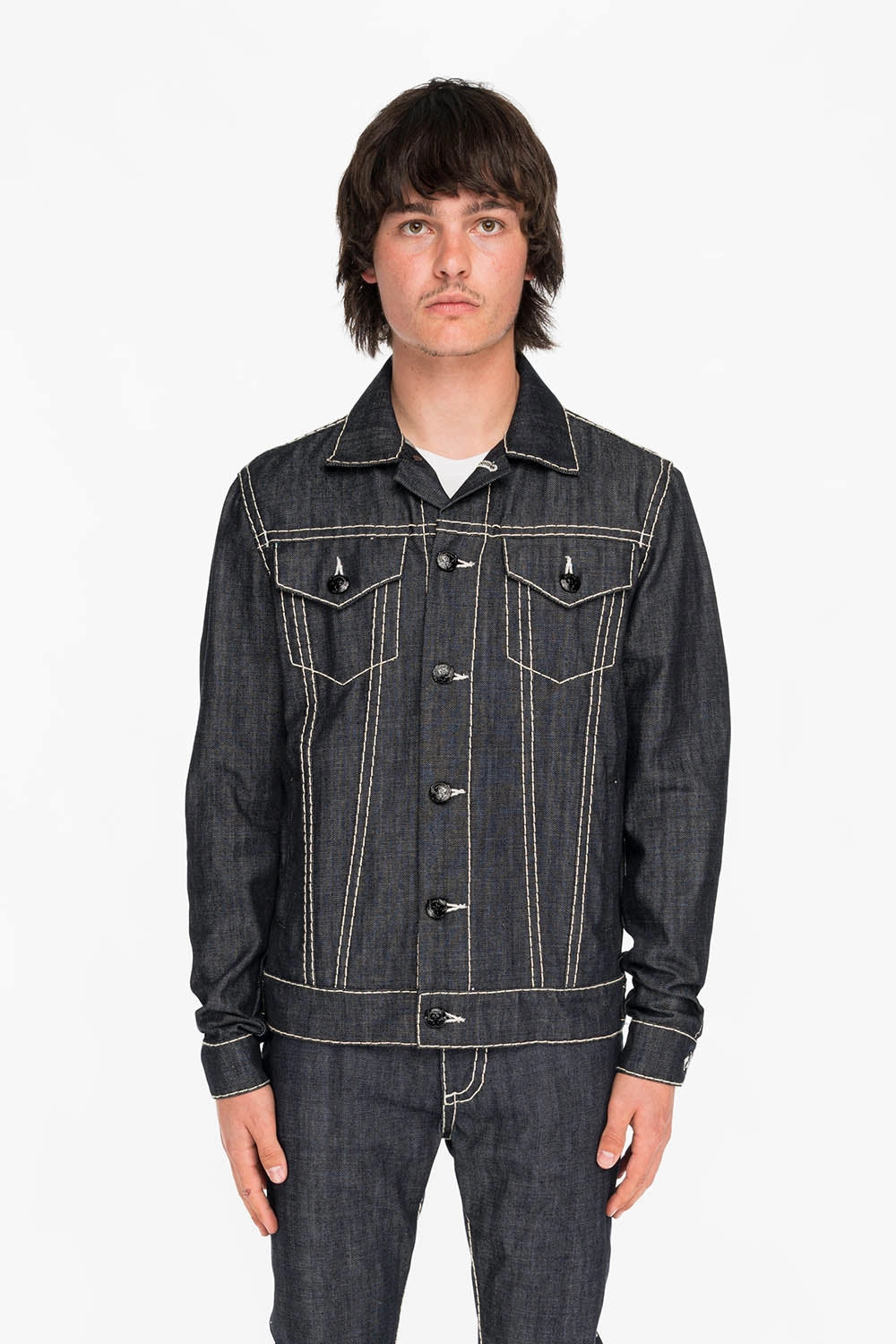 Clean Fit Design MENS DENIM JACKET IN RAW DENIM WITH HEAVY NATURAL WHITE STITCHING AND EMBROIDERED WINGS