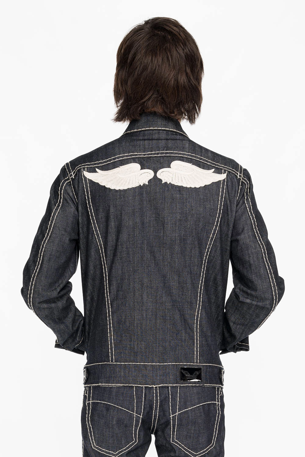 Four Way Stretch NonRestrictive Movement Design MENS DENIM JACKET IN RAW DENIM WITH HEAVY NATURAL WHITE STITCHING AND EMBROIDERED WINGS