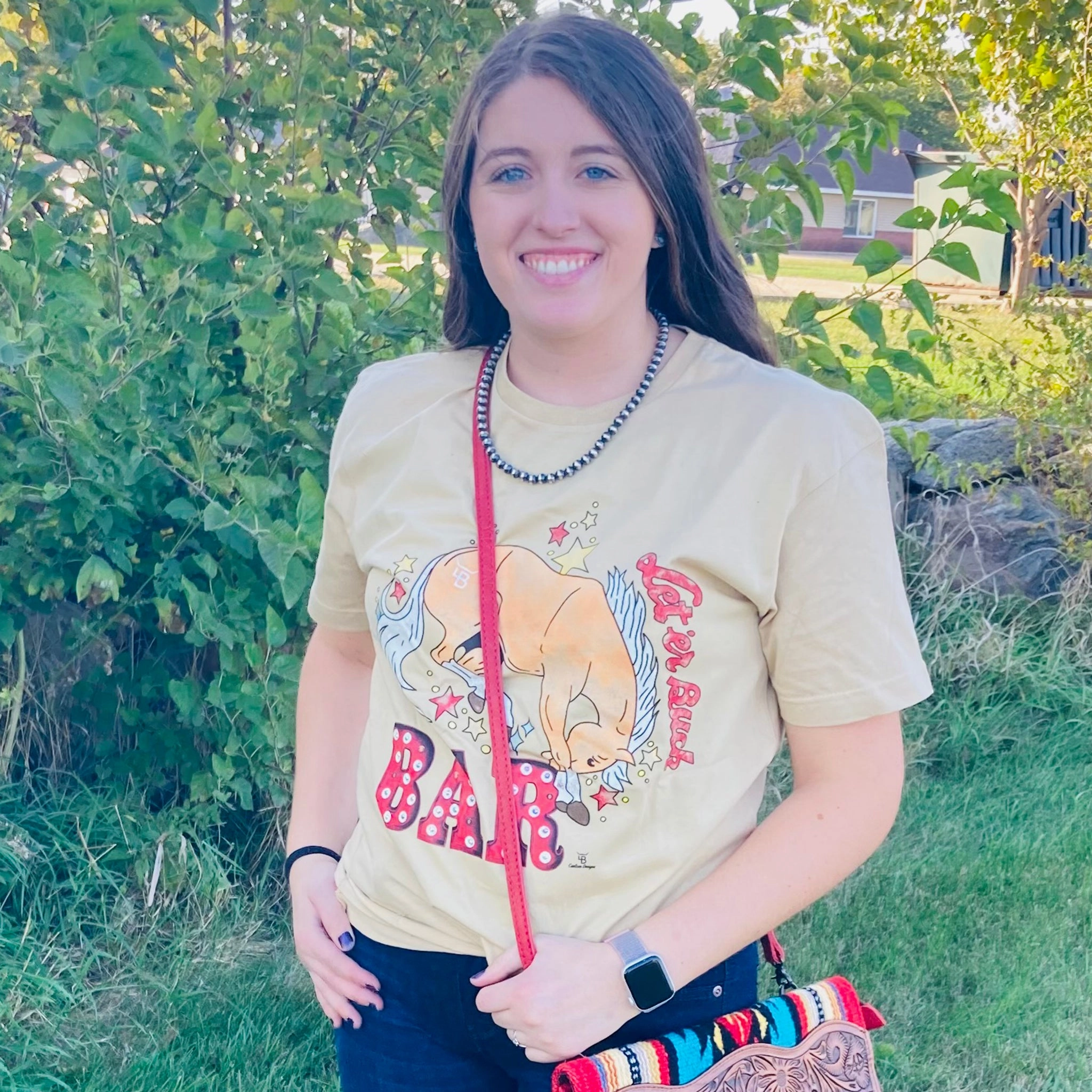 Yarn Dyed Fabric Reflective Detailing Let'er Buck Bar Bronc Tee