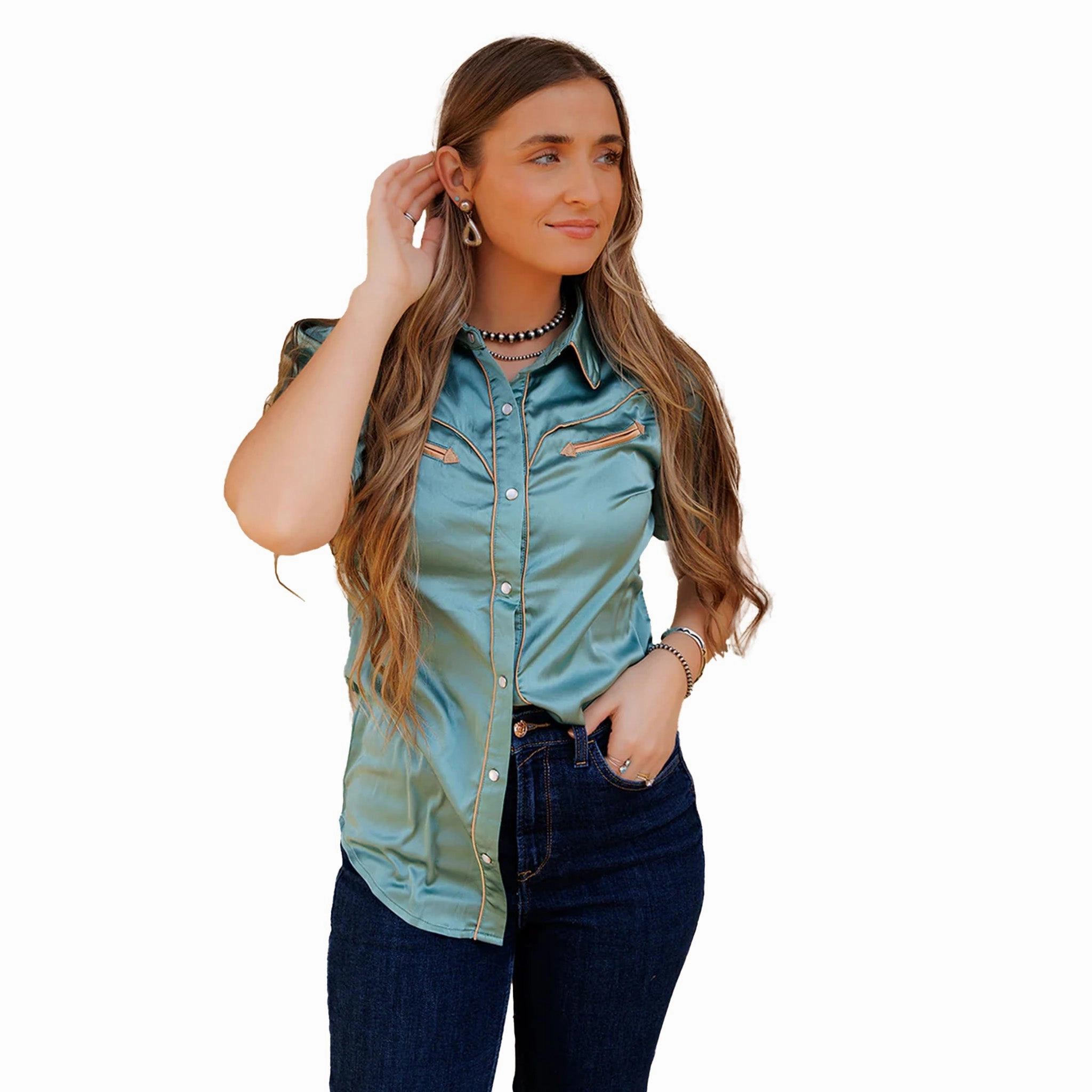 Printed top Moisture Control Technology Women's Aqua Teal Satin Pearl Snap Short Sleeve