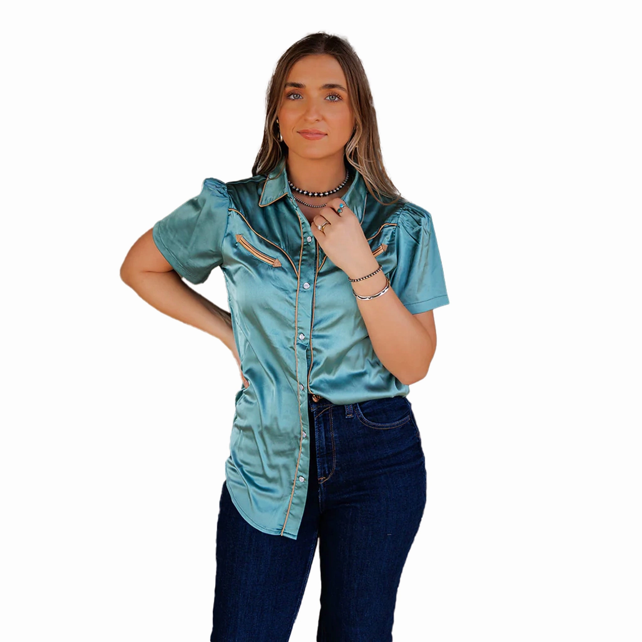 Ultrasoft Inner Lining HighDensityFoam Women's Aqua Teal Satin Pearl Snap Short Sleeve