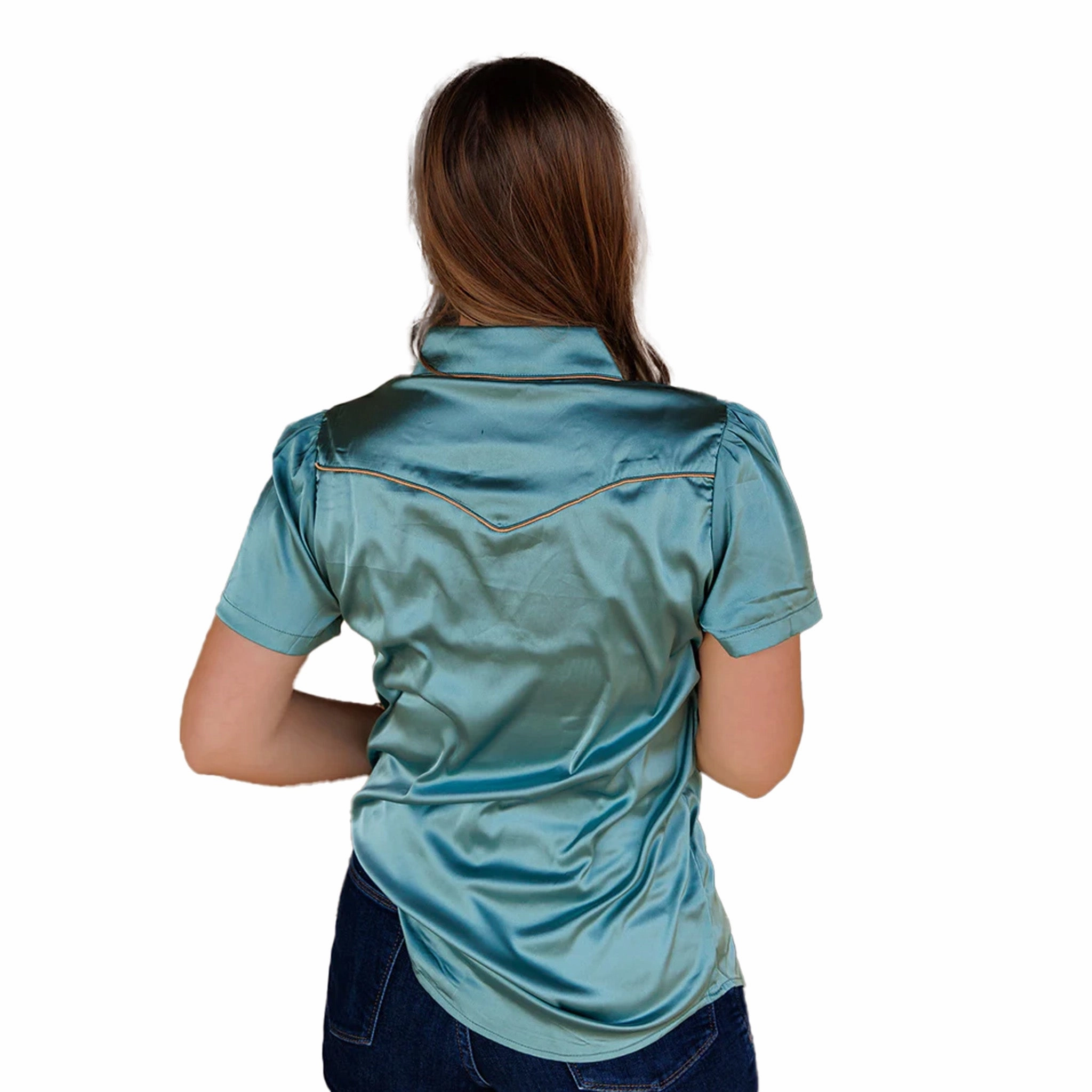 SoftTouchFinish Comfortable Layer Women's Aqua Teal Satin Pearl Snap Short Sleeve