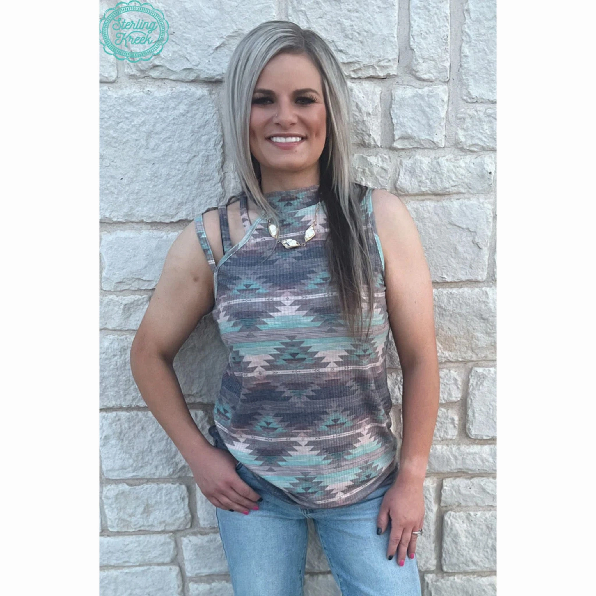 Women's Turquoise & Grey Aztec Strap Tank Top Eco Conscious Packaging Ventilated Mesh Panels