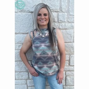Women's Turquoise & Grey Aztec Strap Tank Top Garment Washed
