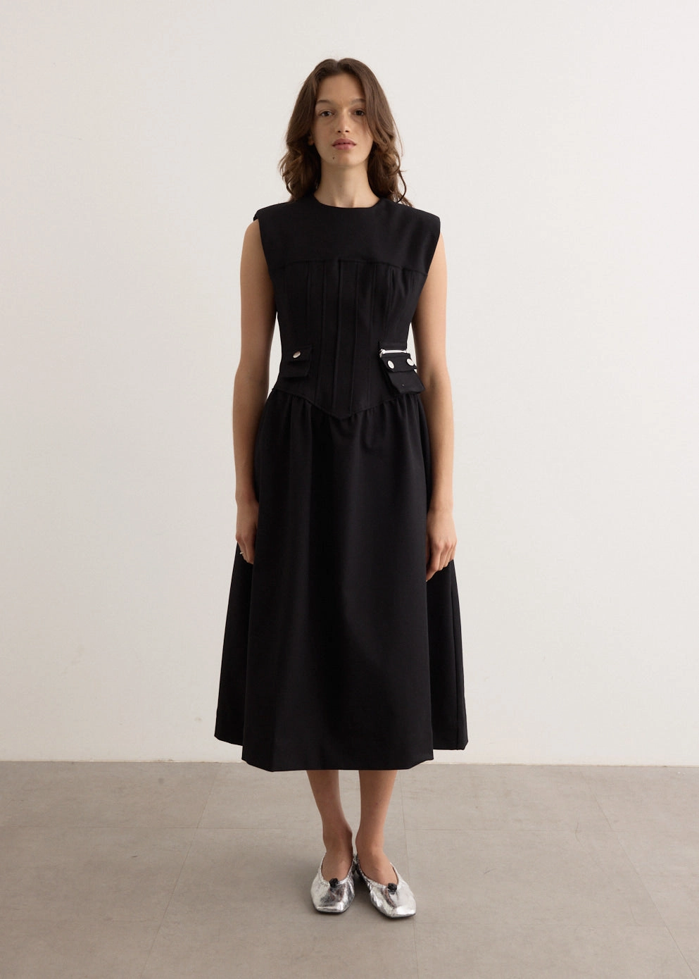 Heavy Cotton Tailoring Corset Midi Dress Chic and Elegant