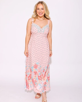 Smooth-Lining Lounge Feel Trimmed in Floral Ric Rac Midi Dress