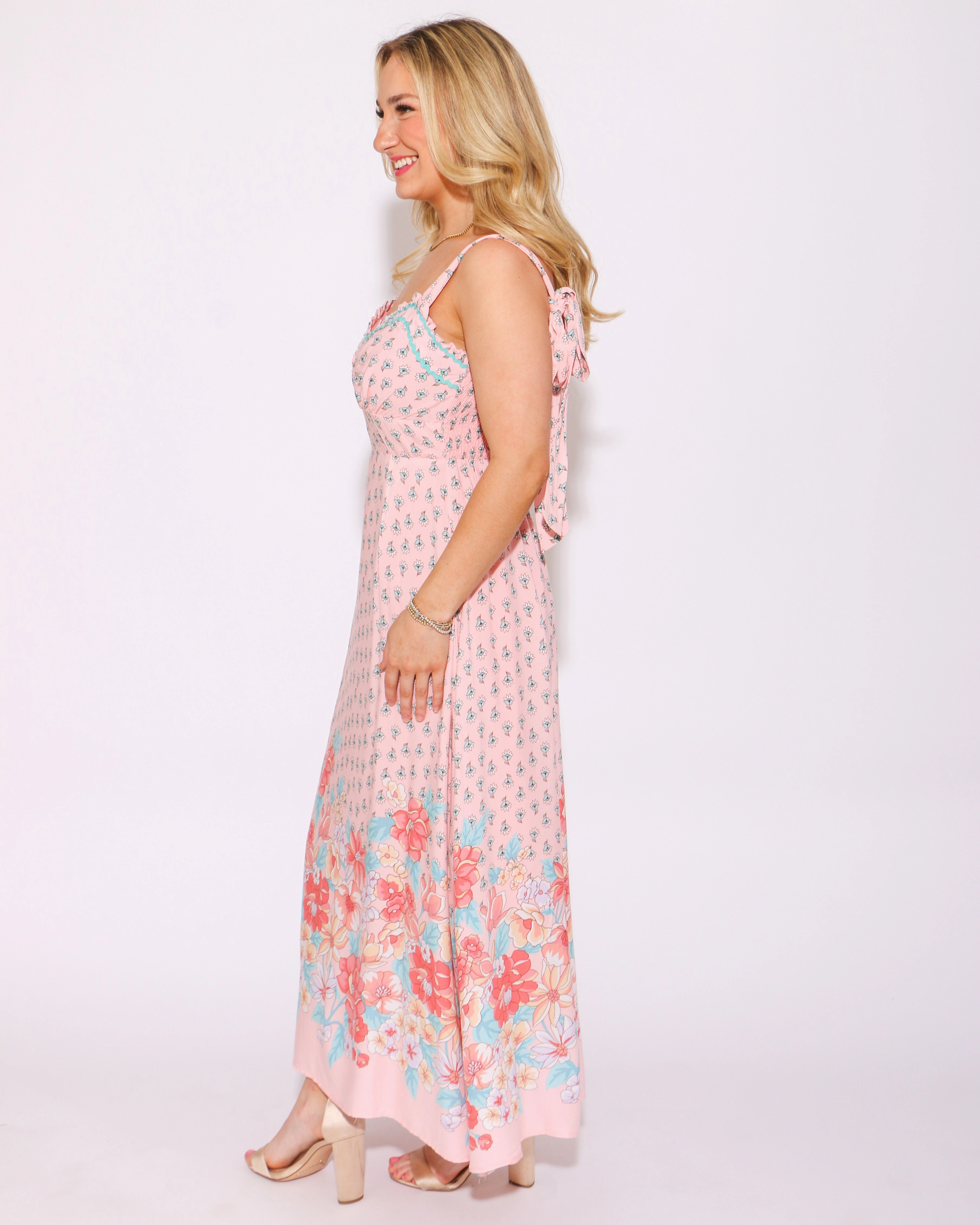 Sleek Silhouette Understated Charm Trimmed in Floral Ric Rac Midi Dress
