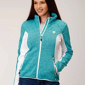 Fringe Detail All Purpose Outerwear Roper Women's Turquoise/White Fleece Jacket
