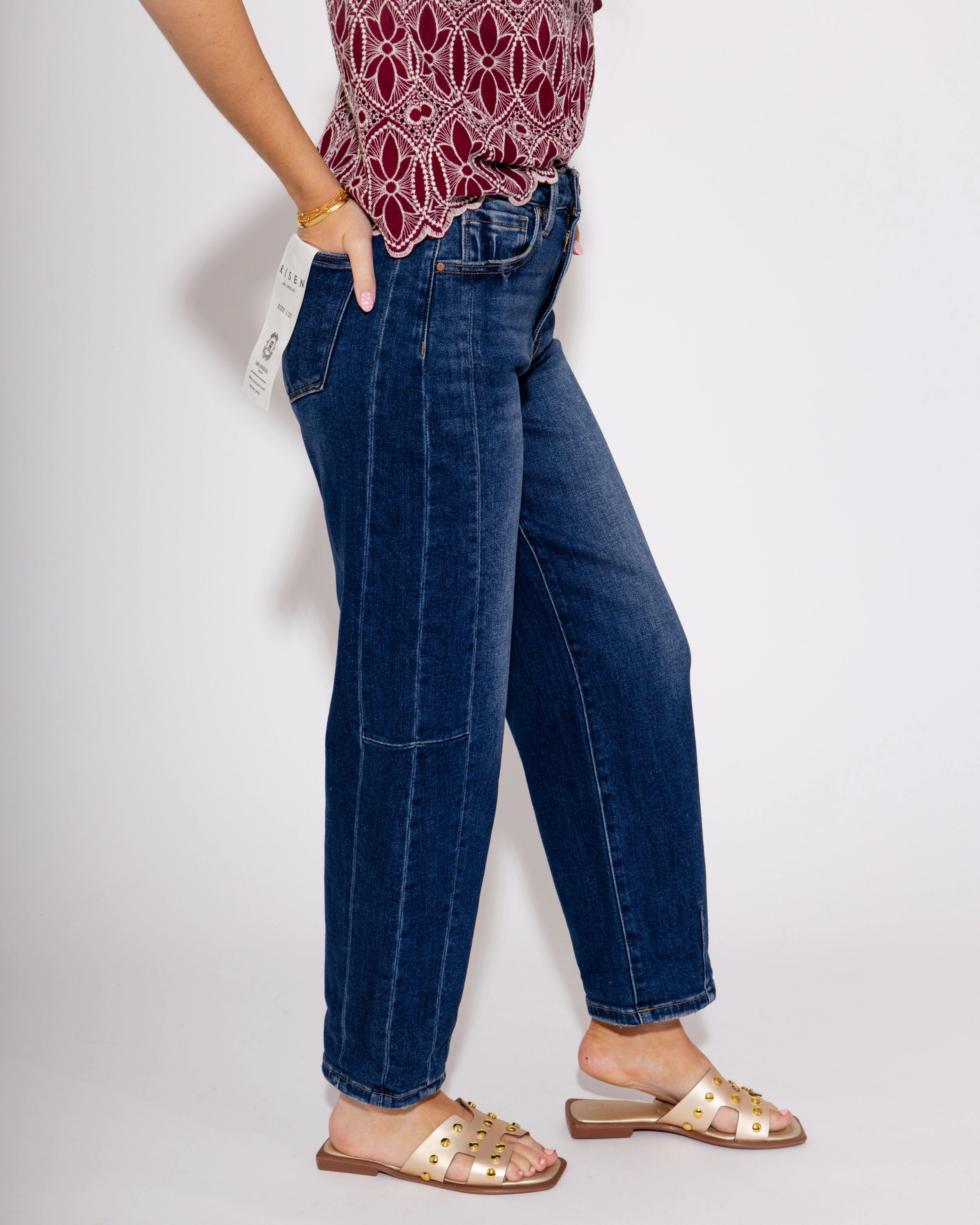 Durable Triple Stitched Seams Straight Leg Design High Rise Barrel Jean in Dark