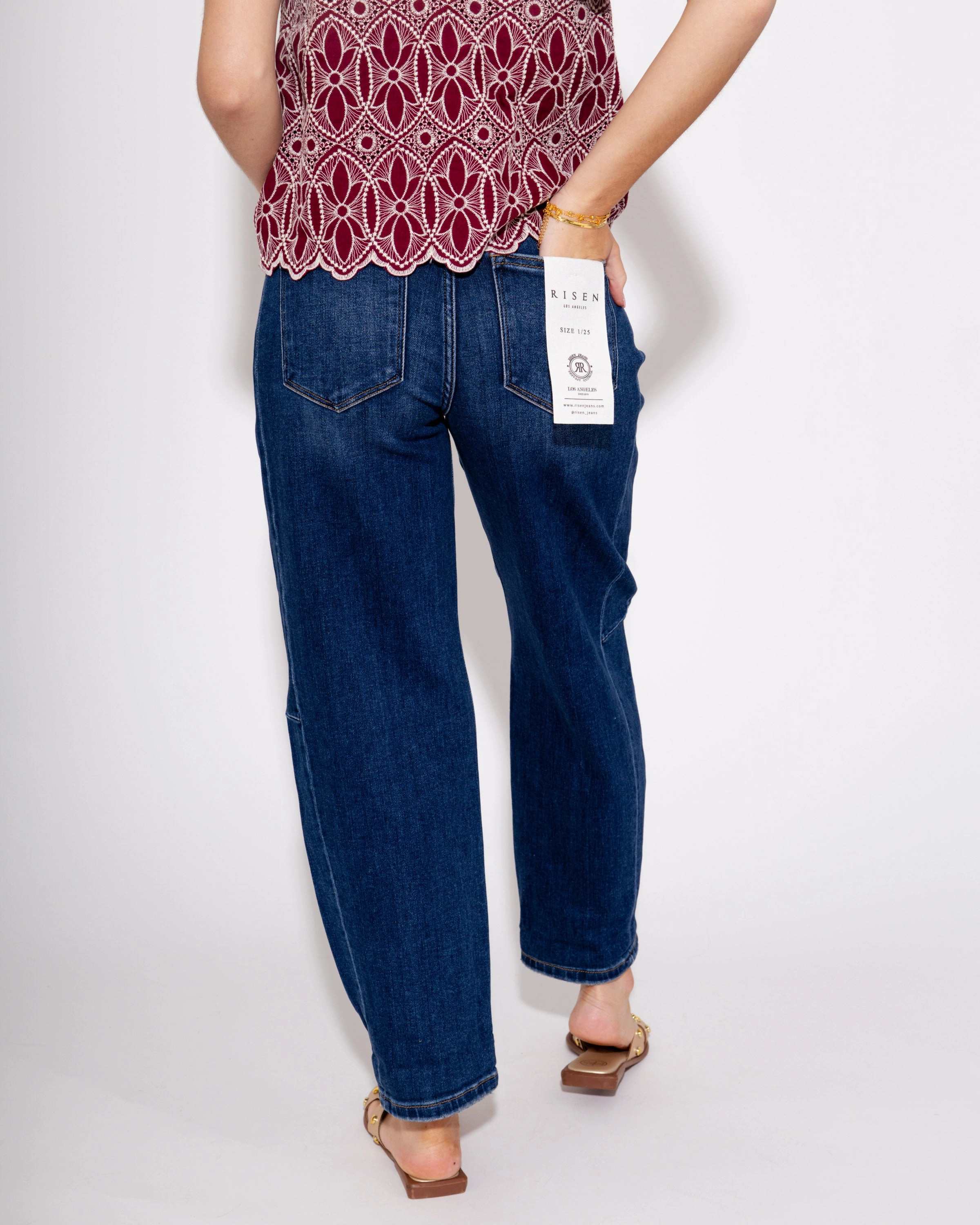 High Rise Barrel Jean in Dark Cool Outfit