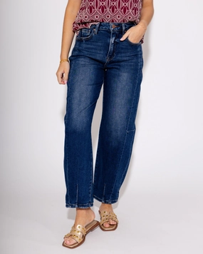 Weekend Uniform Street Approved High Rise Barrel Jean in Dark