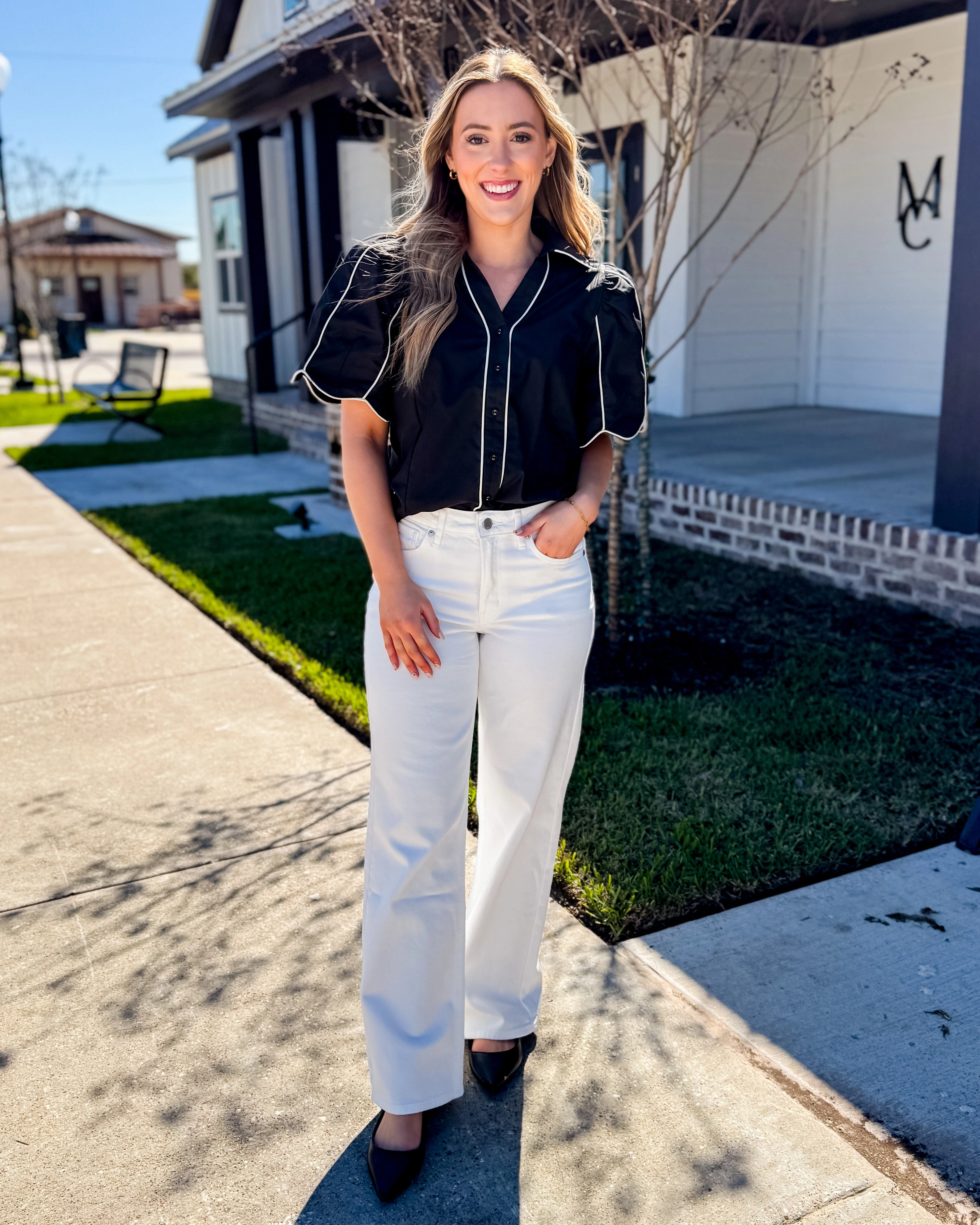 High Rise Full Length Straight Jean in White Urban Explorer Picnic Style Tailored Cut