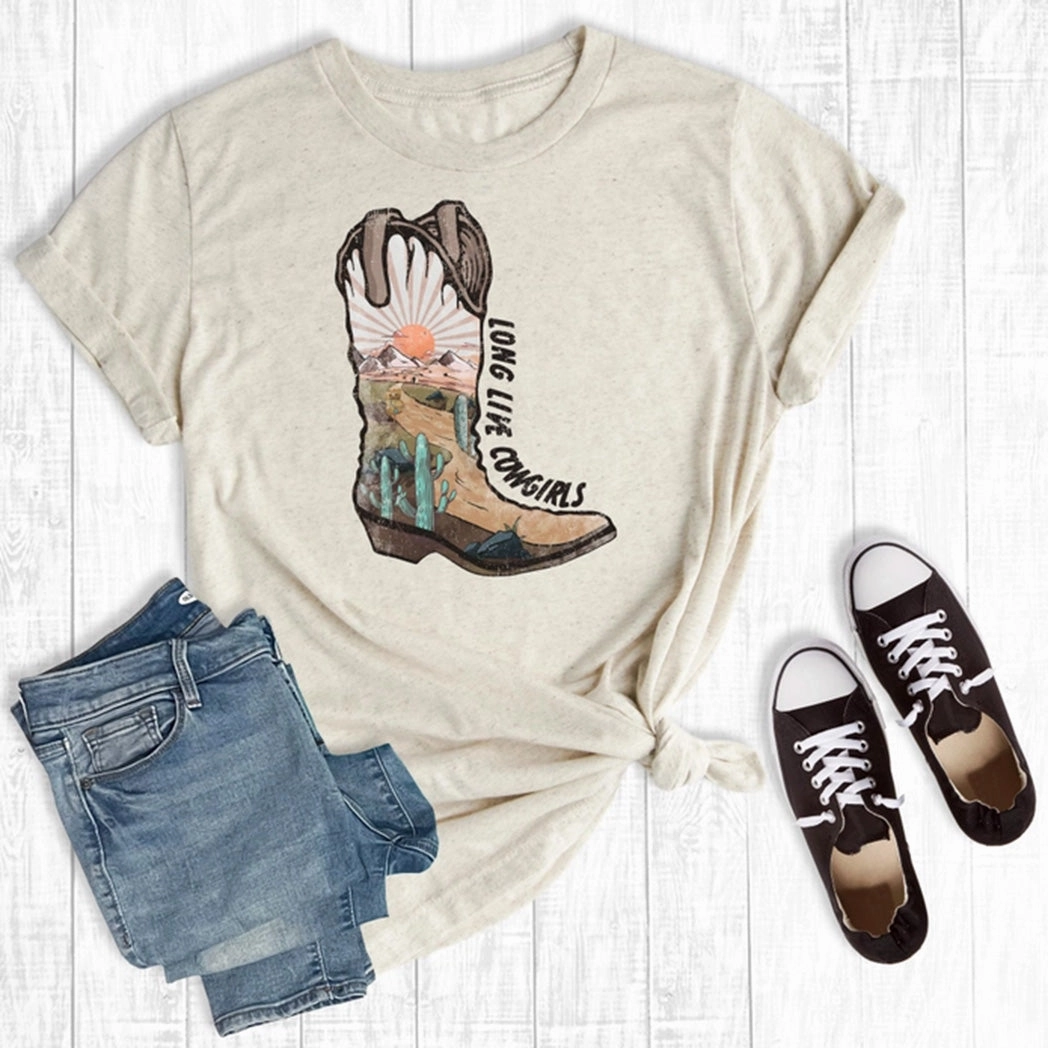 Layered Hemline Rebel Rose Women's Long Live Cowgirl Boot Graphic Tee