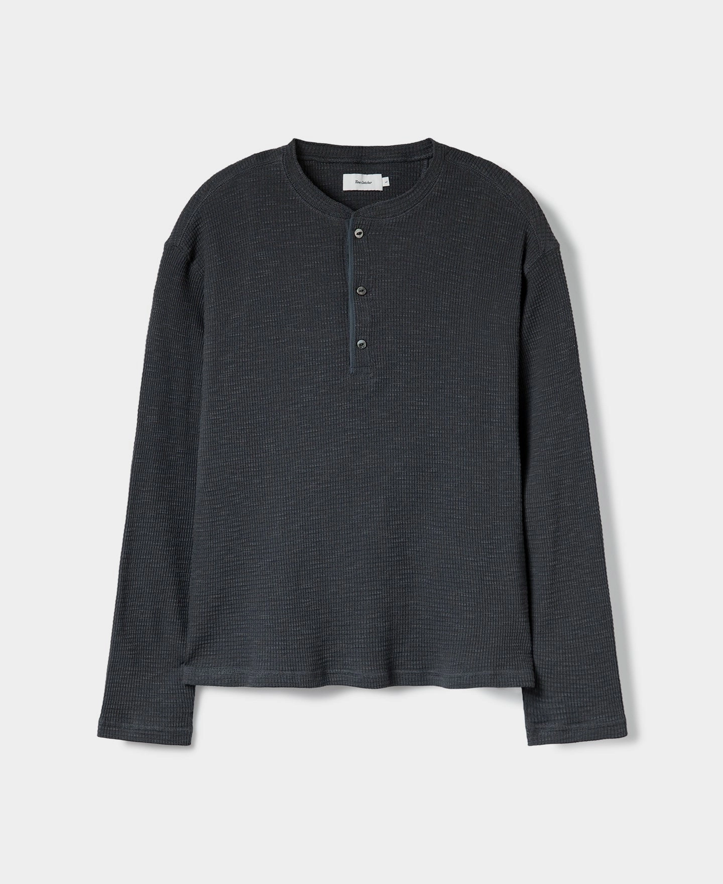 Honeycomb Waffle Knit Henley Long Sleeve T-Shirt - Vintage Black Casual Layer Look Relaxed Armhole Cut