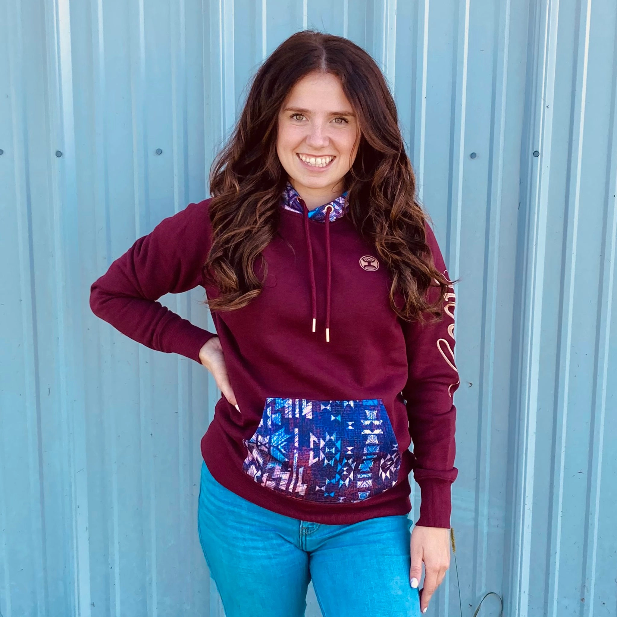 Comfort Focused Design Minimal Travel Look Hooey Ladies Maroon Aztec Hoodie