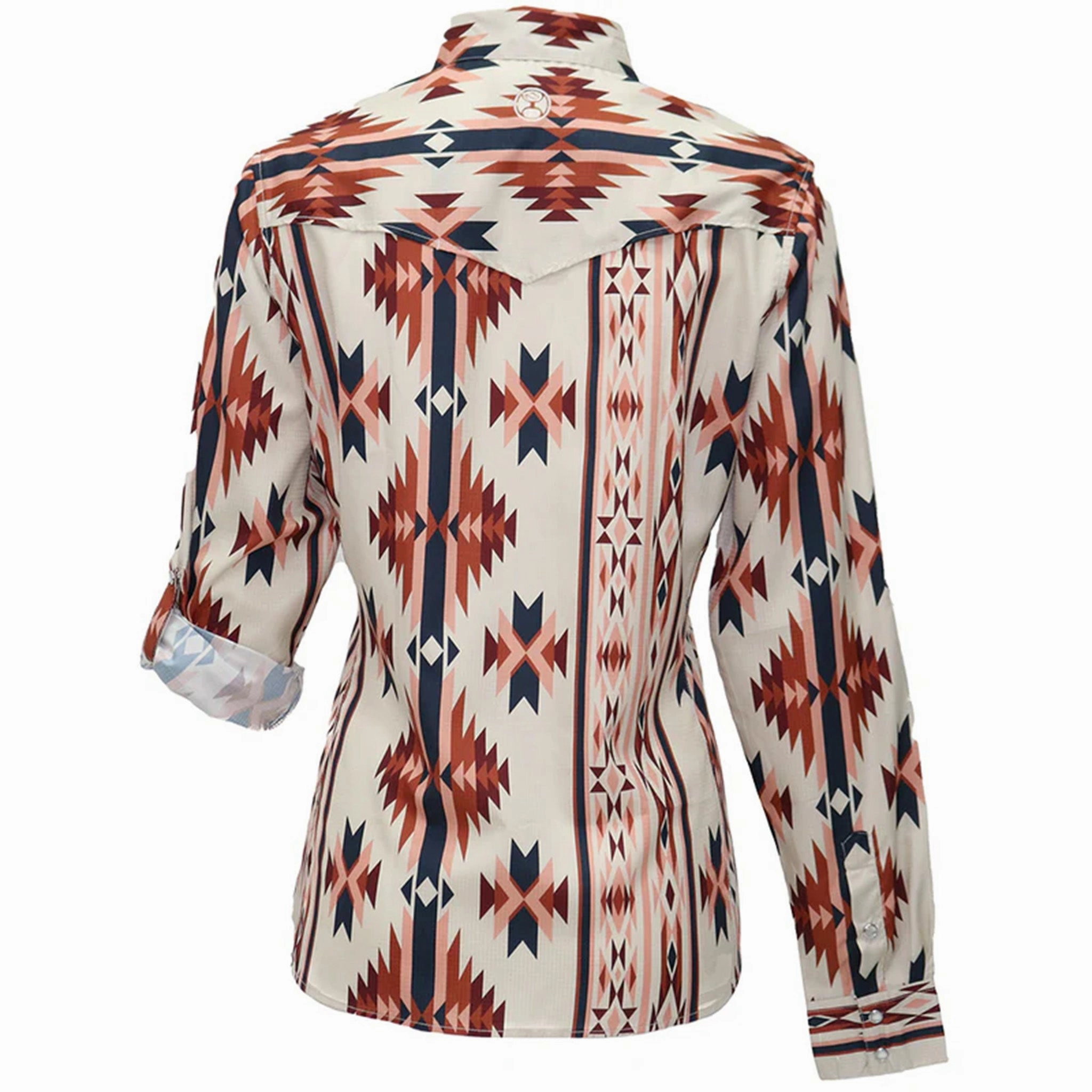 HeatPressedLogos FrictionResistant Edges Hooey Ladies SOL White w/Blue & Pink Aztec Long Sleeve