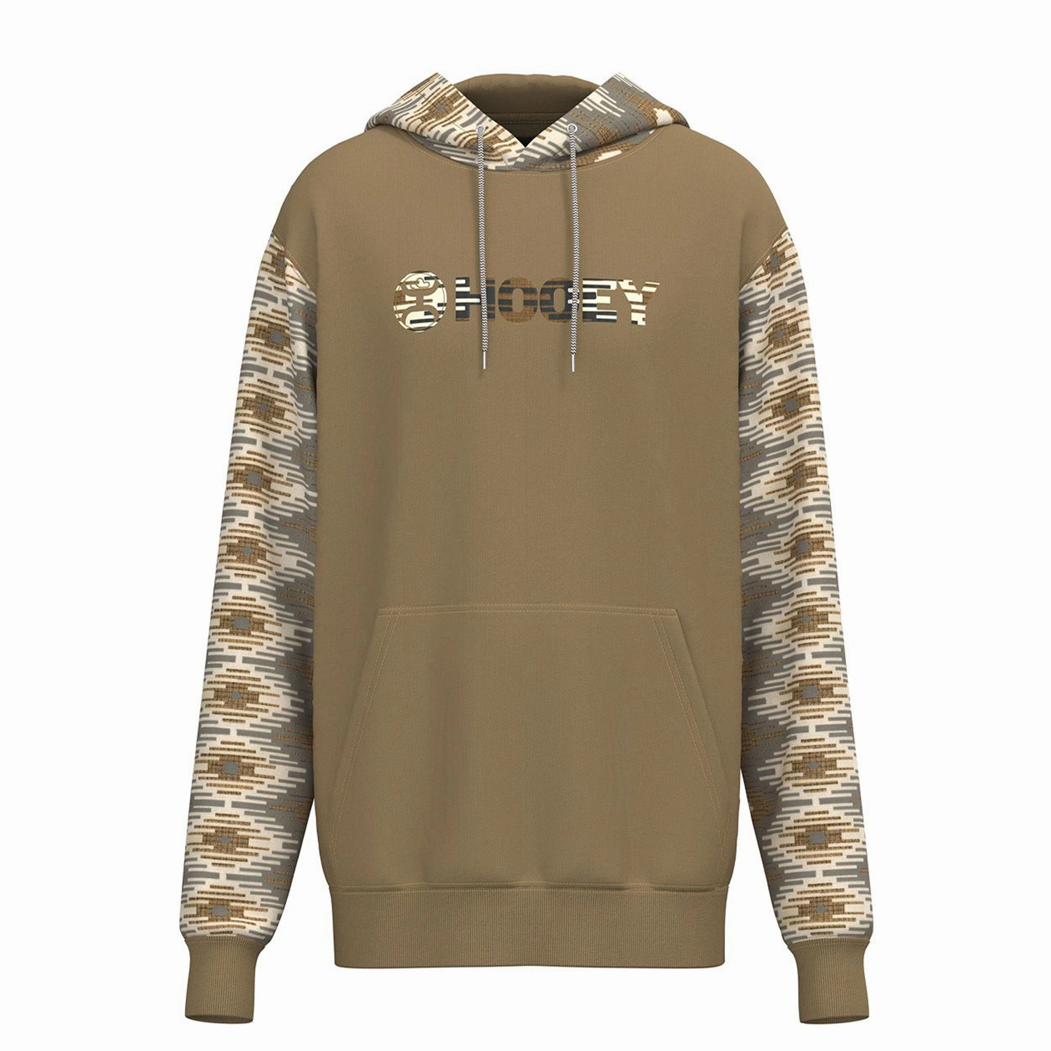 Hooey Men's "Lock-Up" Tan Hoodie With Aztec Pattern Sleeves Comfort Stretch Fabric color block
