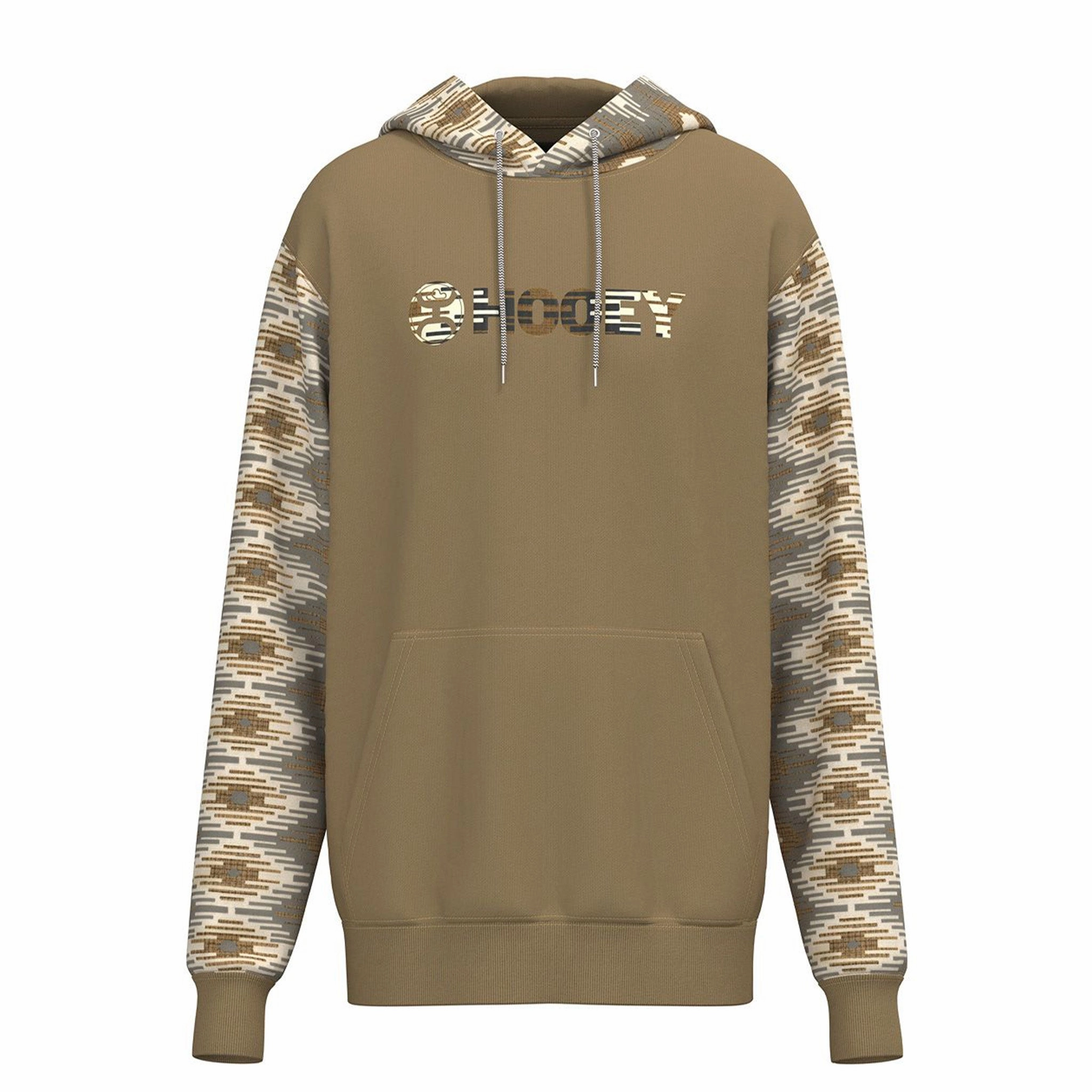 High Visibility Trims Structured Casual Fit Hooey Men's "Lock-Up" Tan Hoodie With Aztec Pattern Sleeves