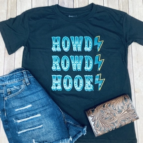 Non Chafing Edges Hooey Women's Howdy-Rowdy-Hooey Tee with lightening bolt