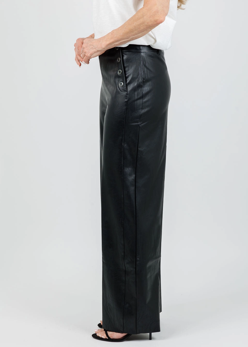 Flat Lock Seams Odalis Hi-Waist Vegan Leather Wide Leg Pants - Black