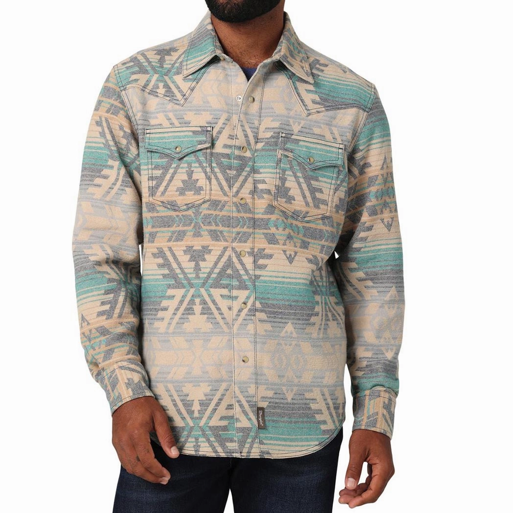 shopping spree Modern Look Wrangler Men's Cream/Turquoise Aztec Shirt