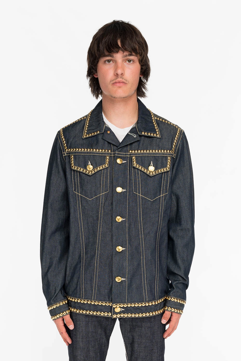 Adjustable Drawstring Waist All Year Use MENS DENIM JACKET IN RAW DENIM WITH HEAVY ORANGE STITCHING EMBROIDERY AND CRYSTALS