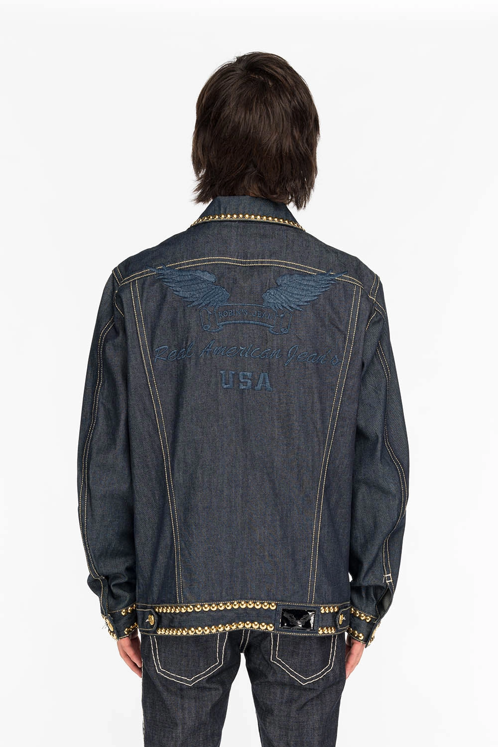 MENS DENIM JACKET IN RAW DENIM WITH HEAVY ORANGE STITCHING EMBROIDERY AND CRYSTALS Bright Color