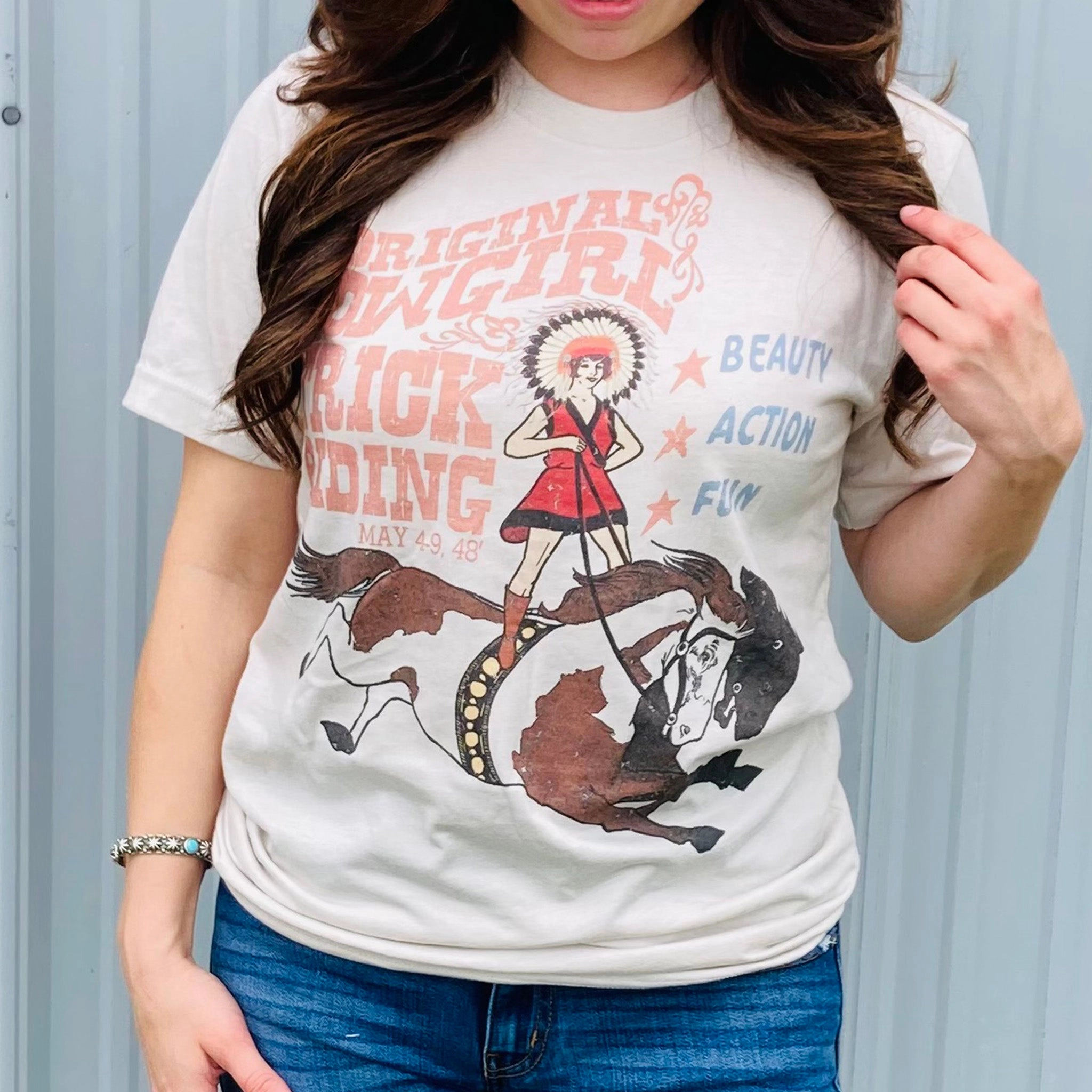 Drop Shoulder Design Vintage Cowgirl Trick Rider Tee